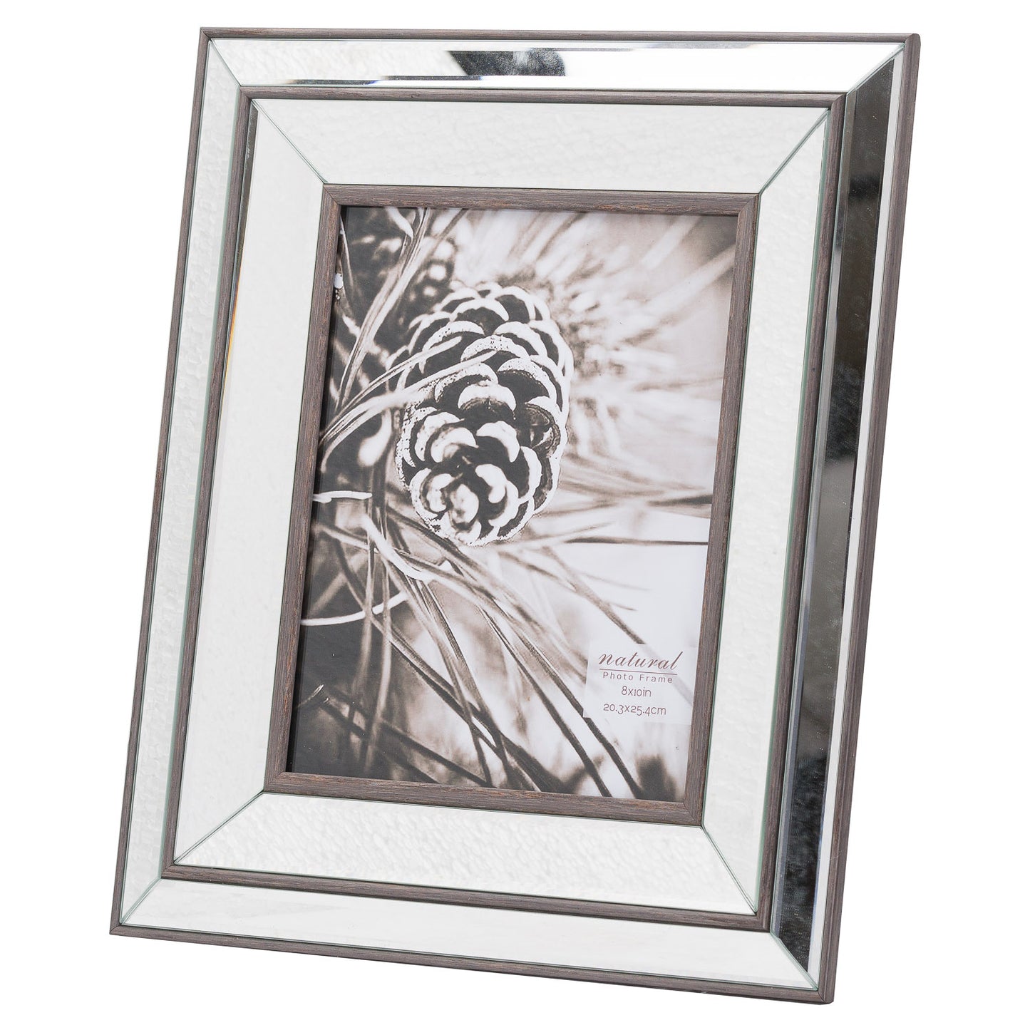 Sophisticated 8x10 frame combining mirrored surfaces and natural wood, featuring beveling and a black-and-white photo display.