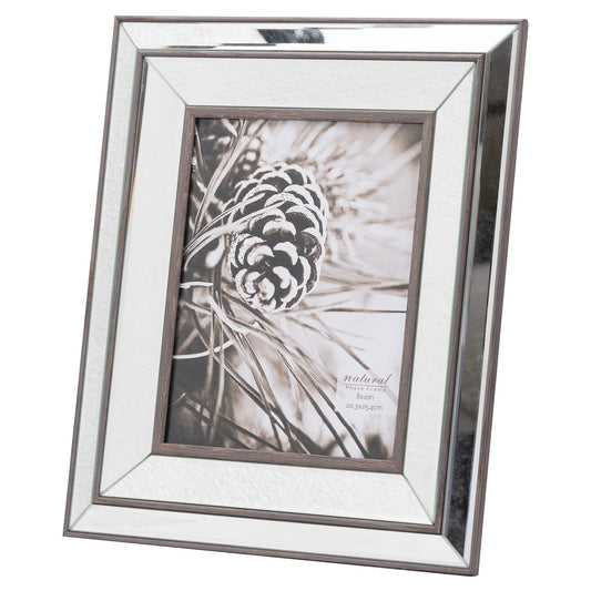Sophisticated 8x10 frame combining mirrored surfaces and natural wood, featuring beveling and a black-and-white photo display.
