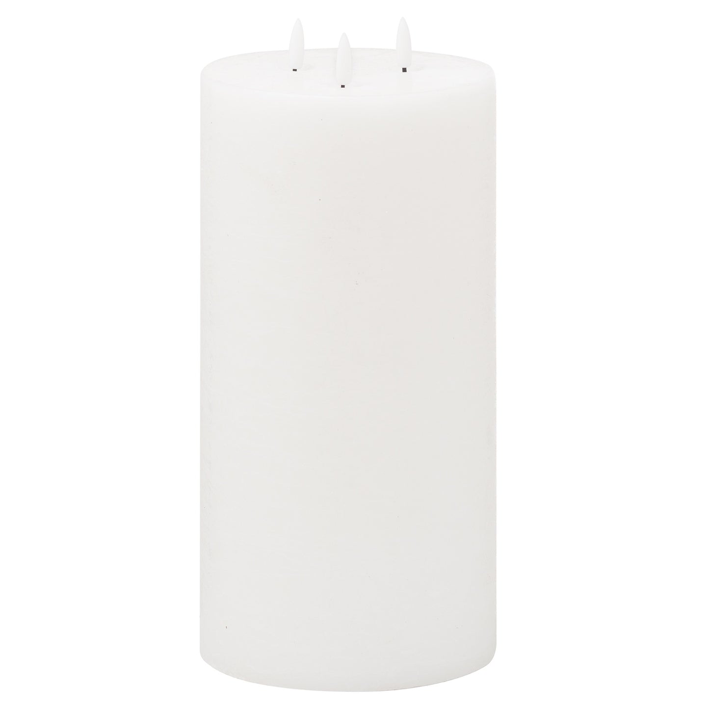 White LED candle (6x12) with a realistic wax finish, featuring three wicks for a flickering amber glow, perfect for luxury settings.