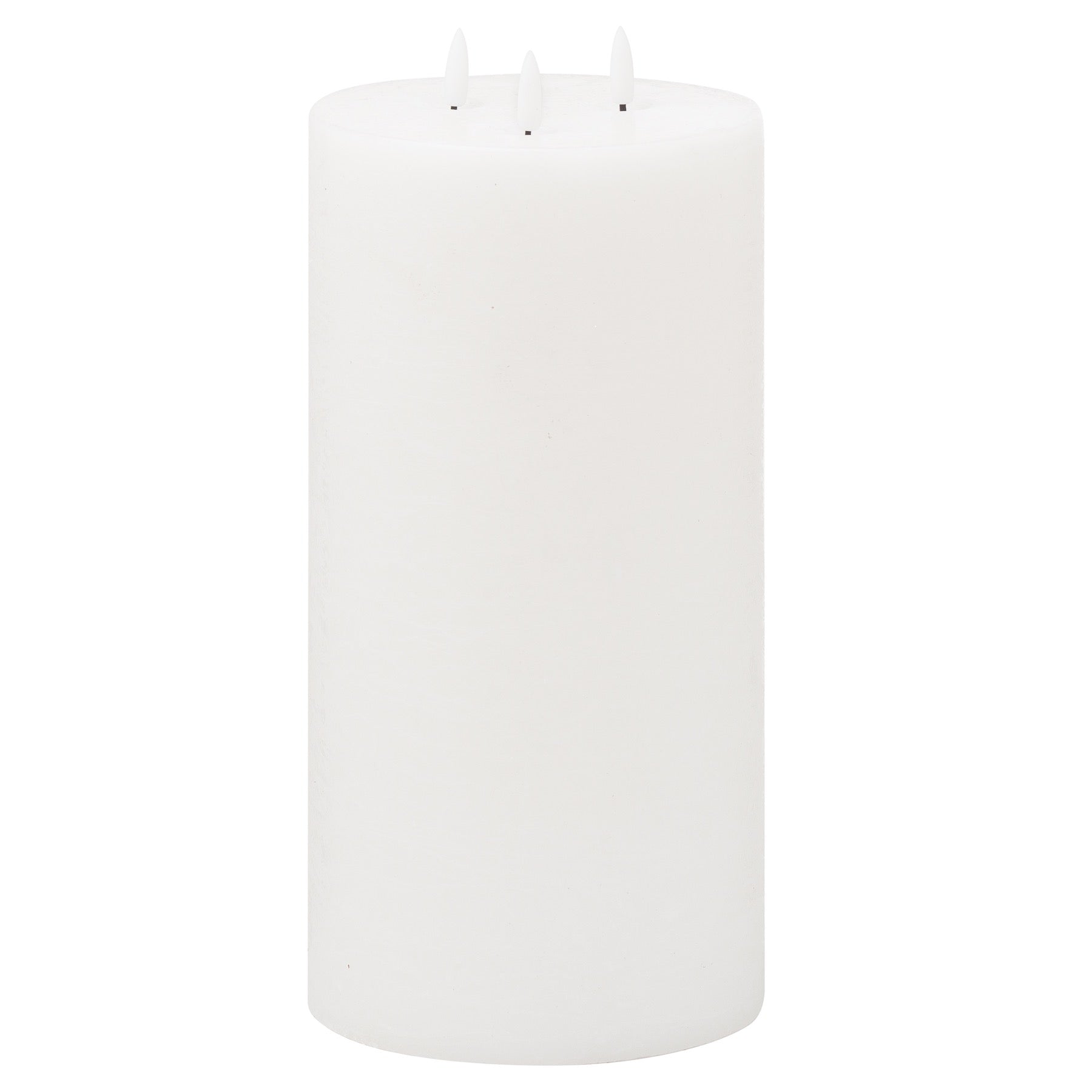 White LED candle (6x12) with a realistic wax finish, featuring three wicks for a flickering amber glow, perfect for luxury settings.