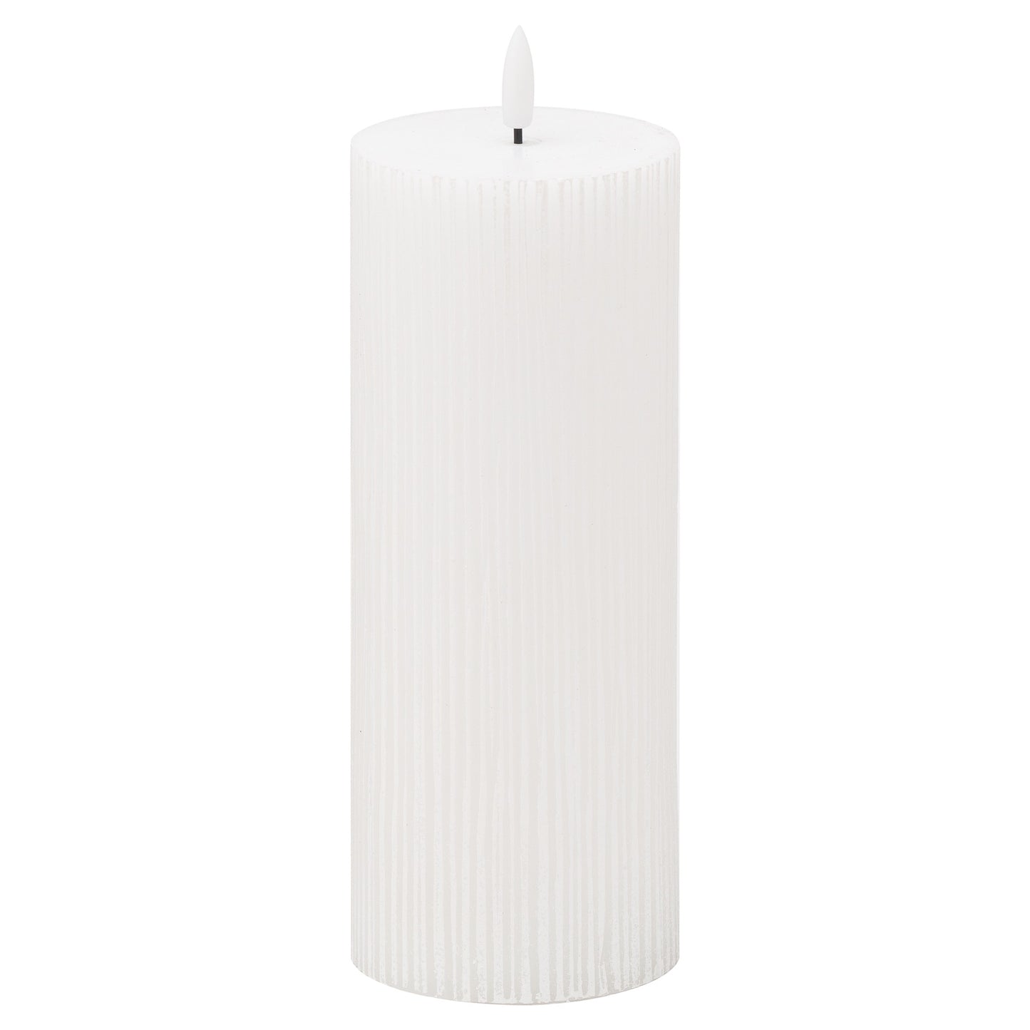 White textured ribbed LED candle with a realistic wax appearance, featuring an amber flickering flame for safe ambiance.