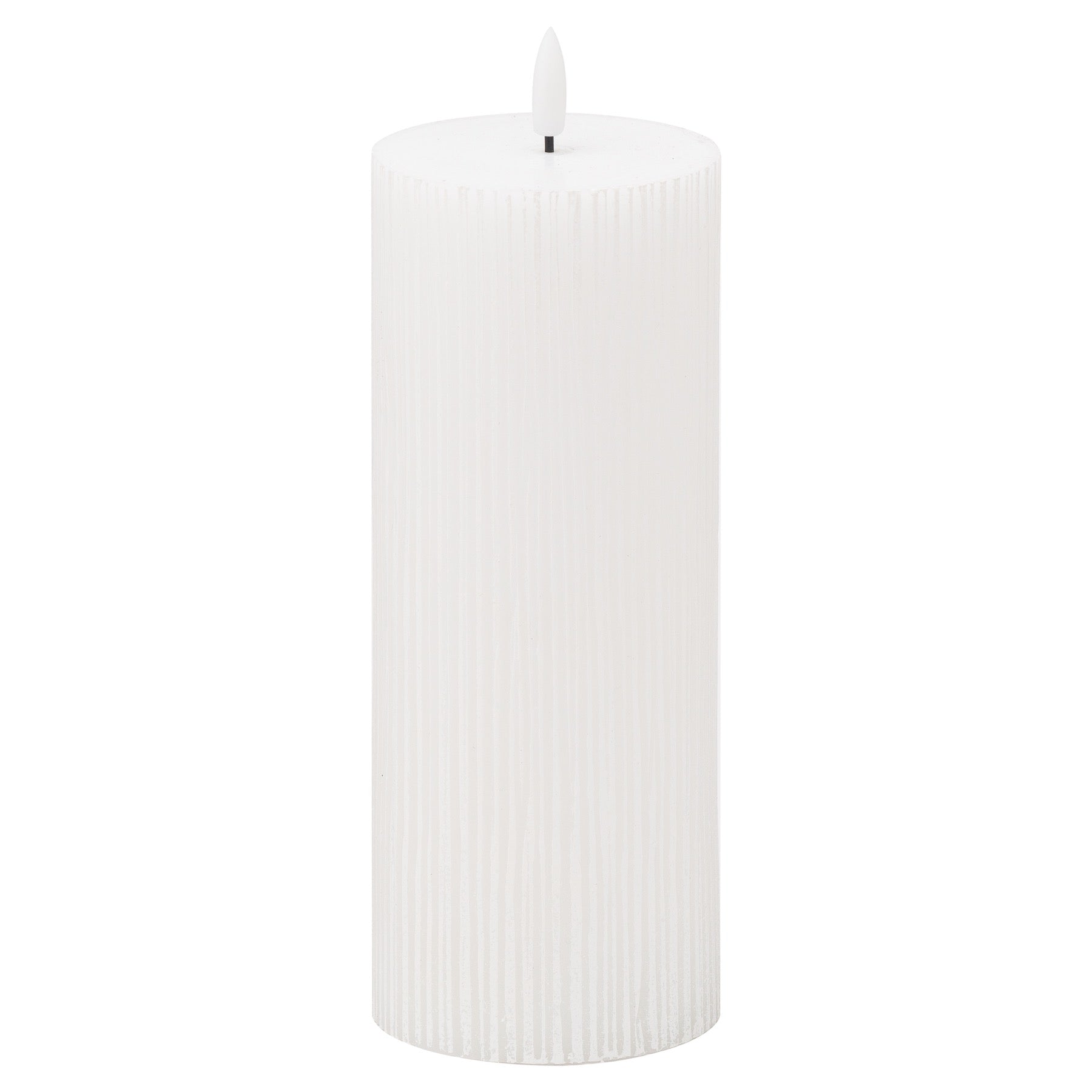 White textured ribbed LED candle with a realistic wax appearance, featuring an amber flickering flame for safe ambiance.