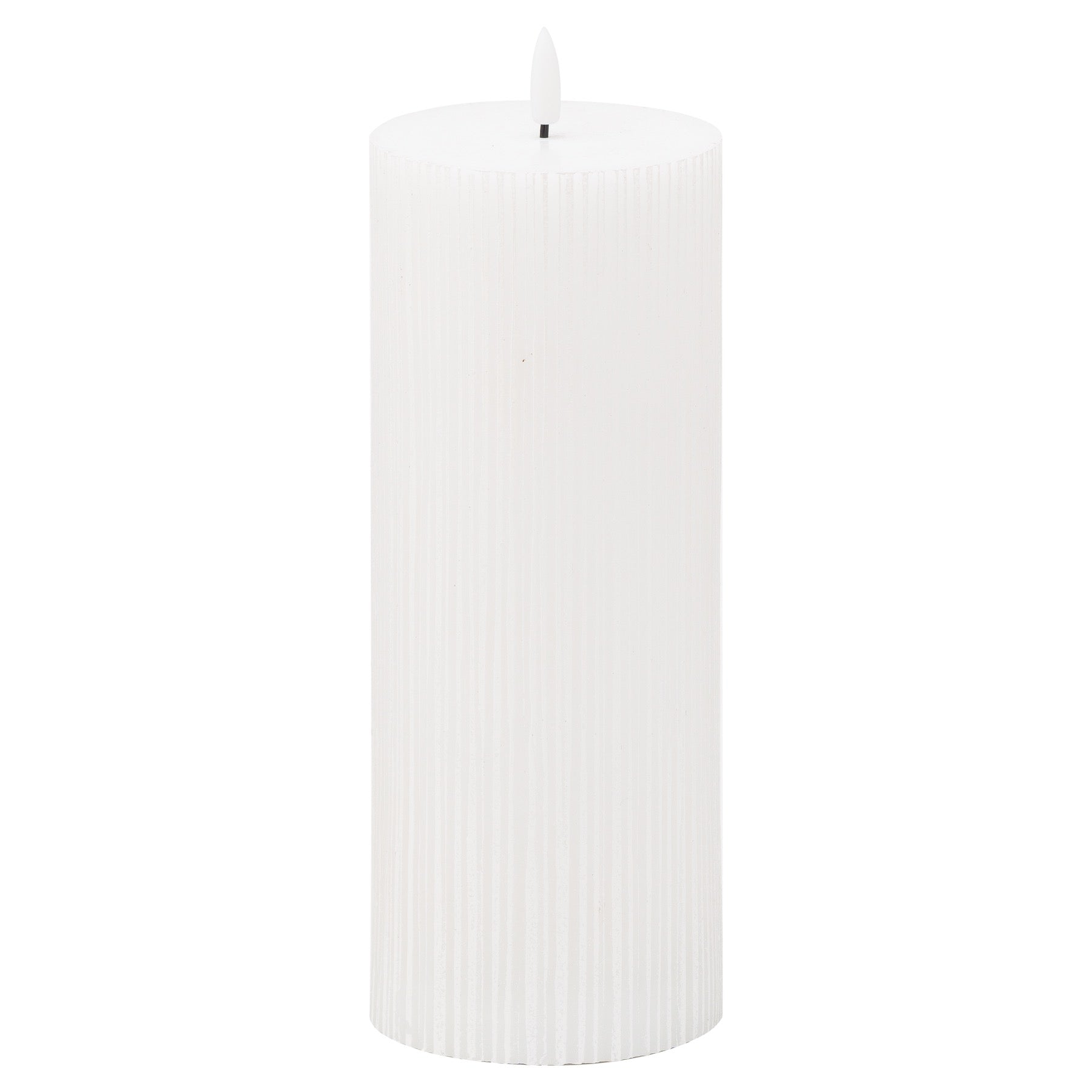 White textured ribbed LED candle featuring a gentle amber flame simulation, designed to enhance ambiance and elegance.