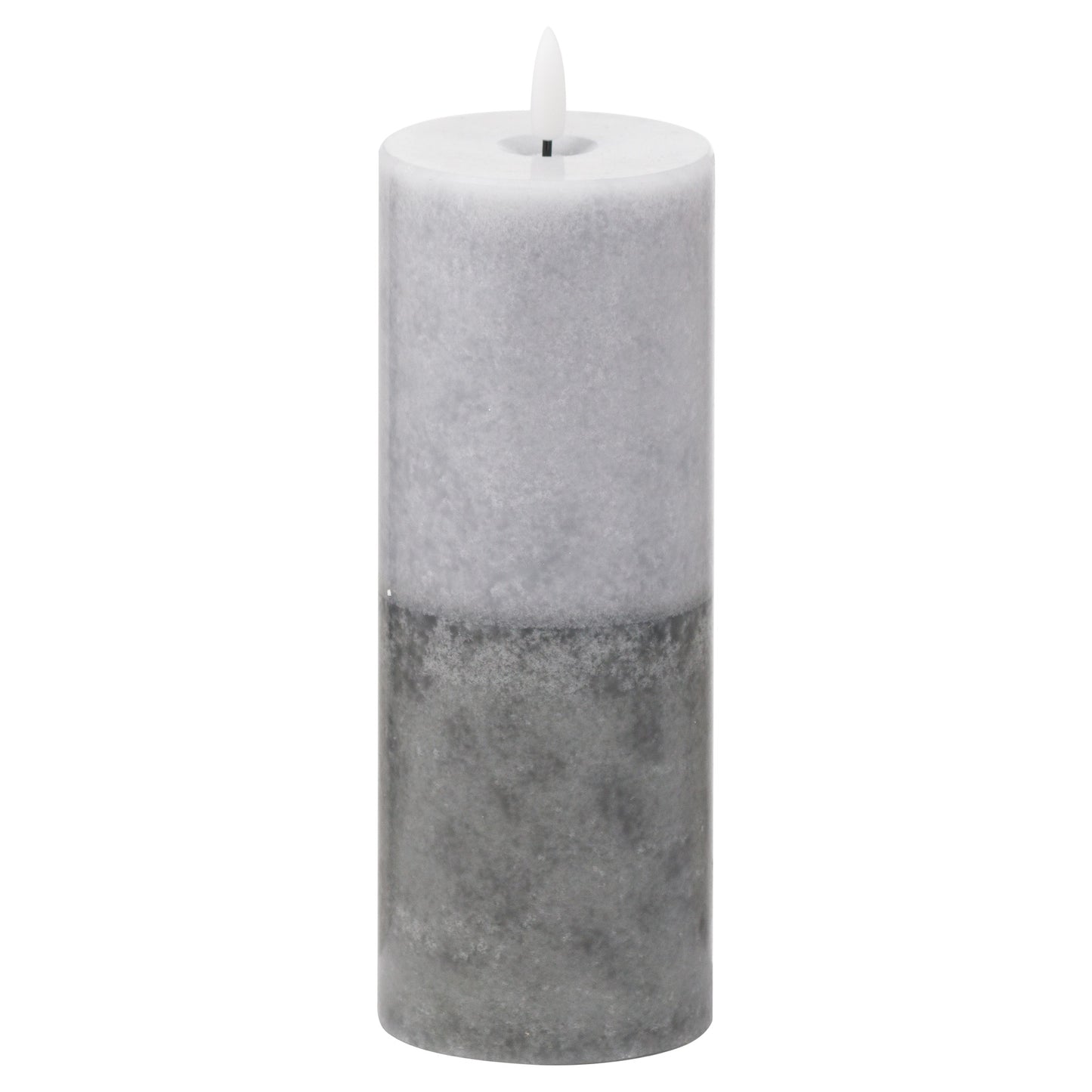 Luxe LED candle with a natural wax finish, featuring a two-tone grey stone design and soft amber flame for cozy ambiance.