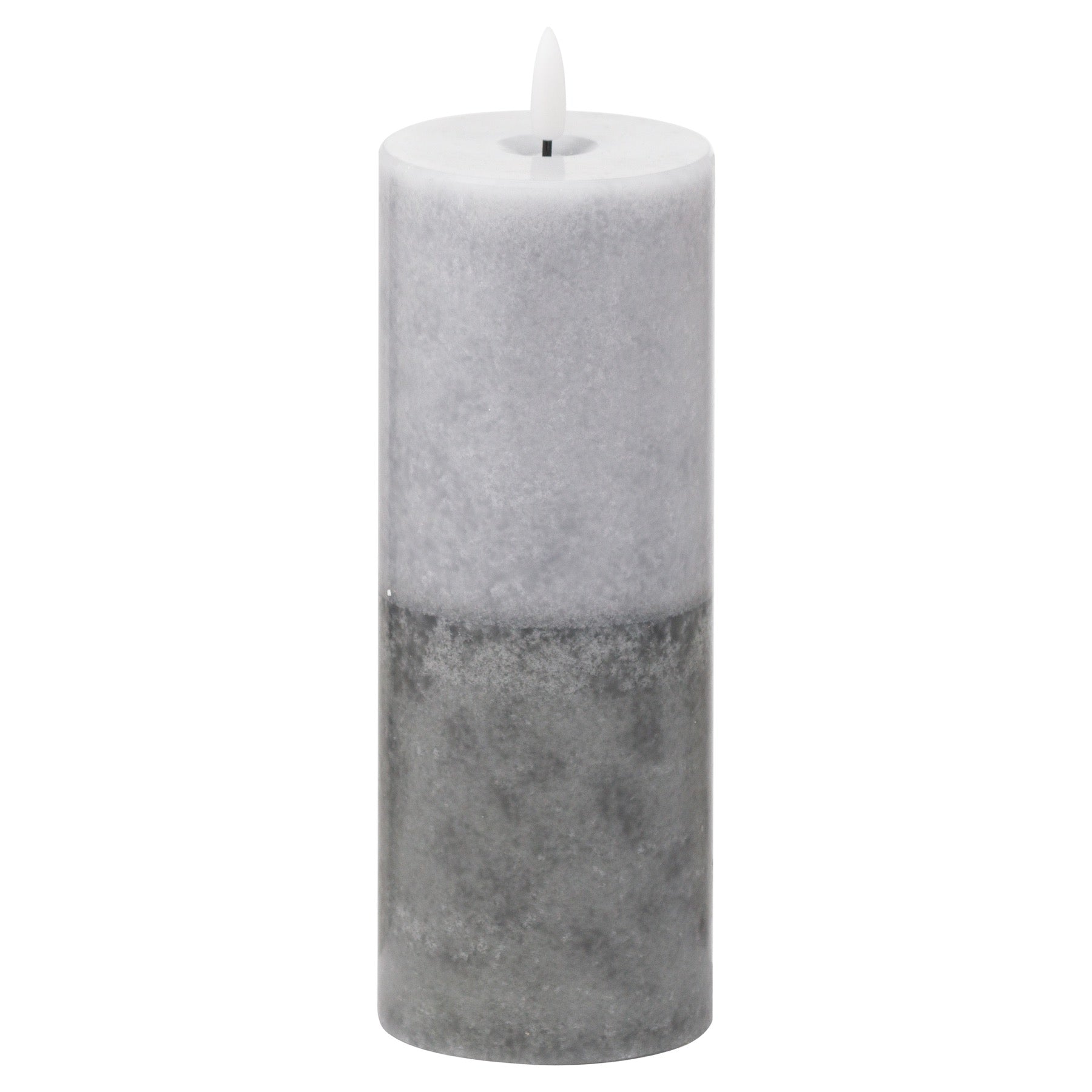 Luxe LED candle with a natural wax finish, featuring a two-tone grey stone design and soft amber flame for cozy ambiance.