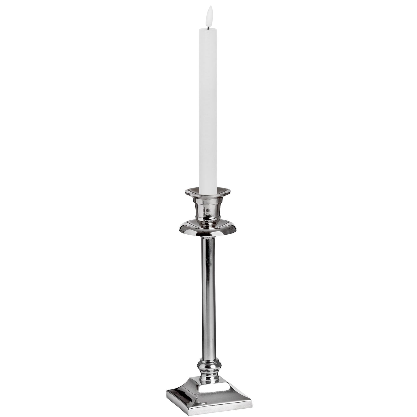 Elegant white LED dinner candle with a realistic wax-like texture, placed in a shiny silver candlestick for a sophisticated ambiance.