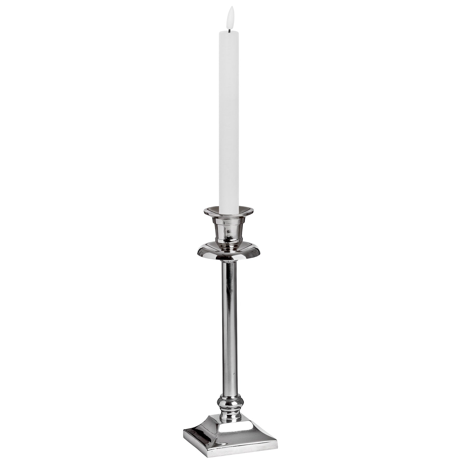 Elegant white LED dinner candle with a realistic wax-like texture, placed in a shiny silver candlestick for a sophisticated ambiance.