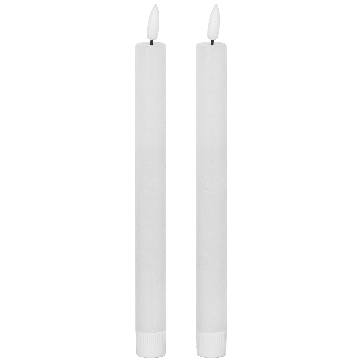 Elegant pair of white LED dinner candles with a realistic wax-like texture, designed to create a warm, flickering glow.