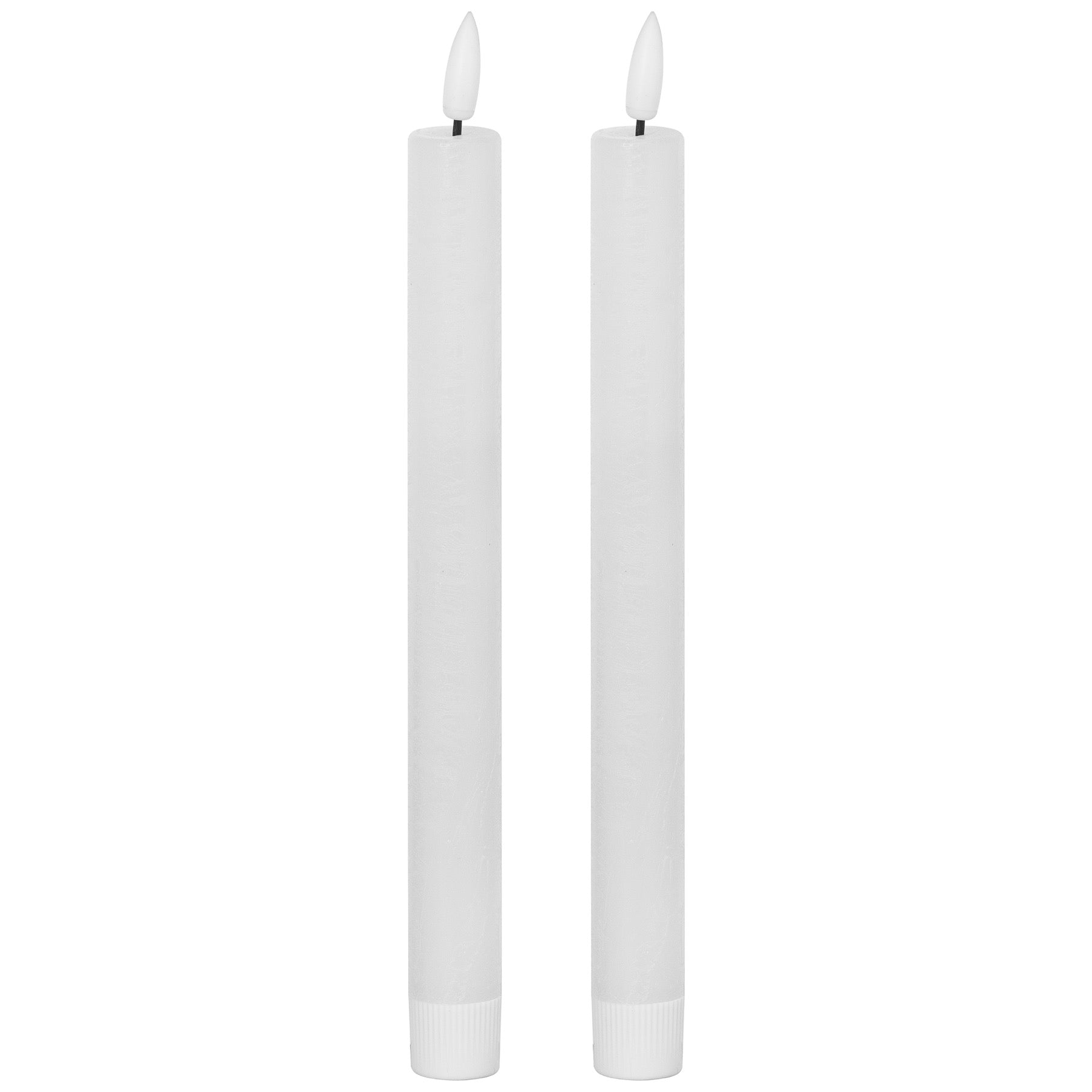 Elegant pair of white LED dinner candles with a realistic wax-like texture, designed to create a warm, flickering glow.