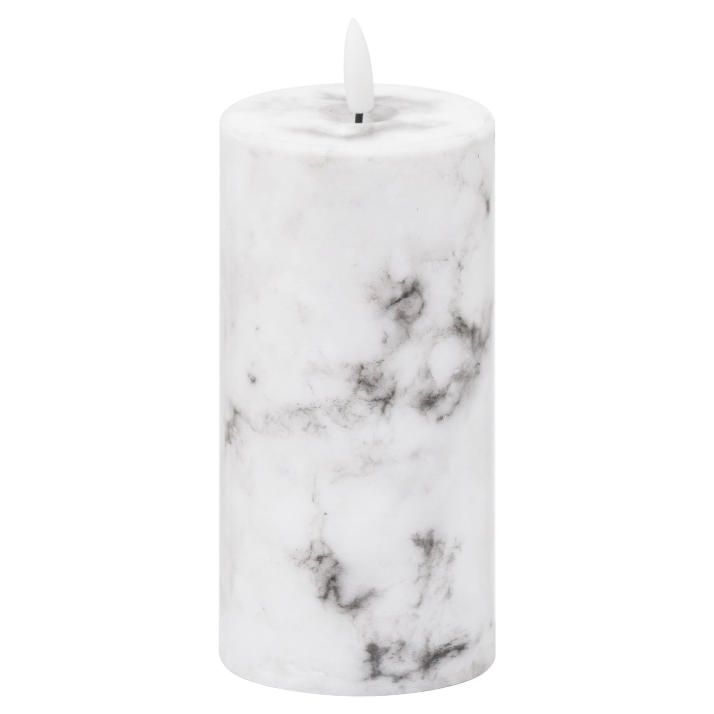 White LED candle with a marble effect, featuring a realistic wax exterior and amber flame for a sophisticated ambiance.