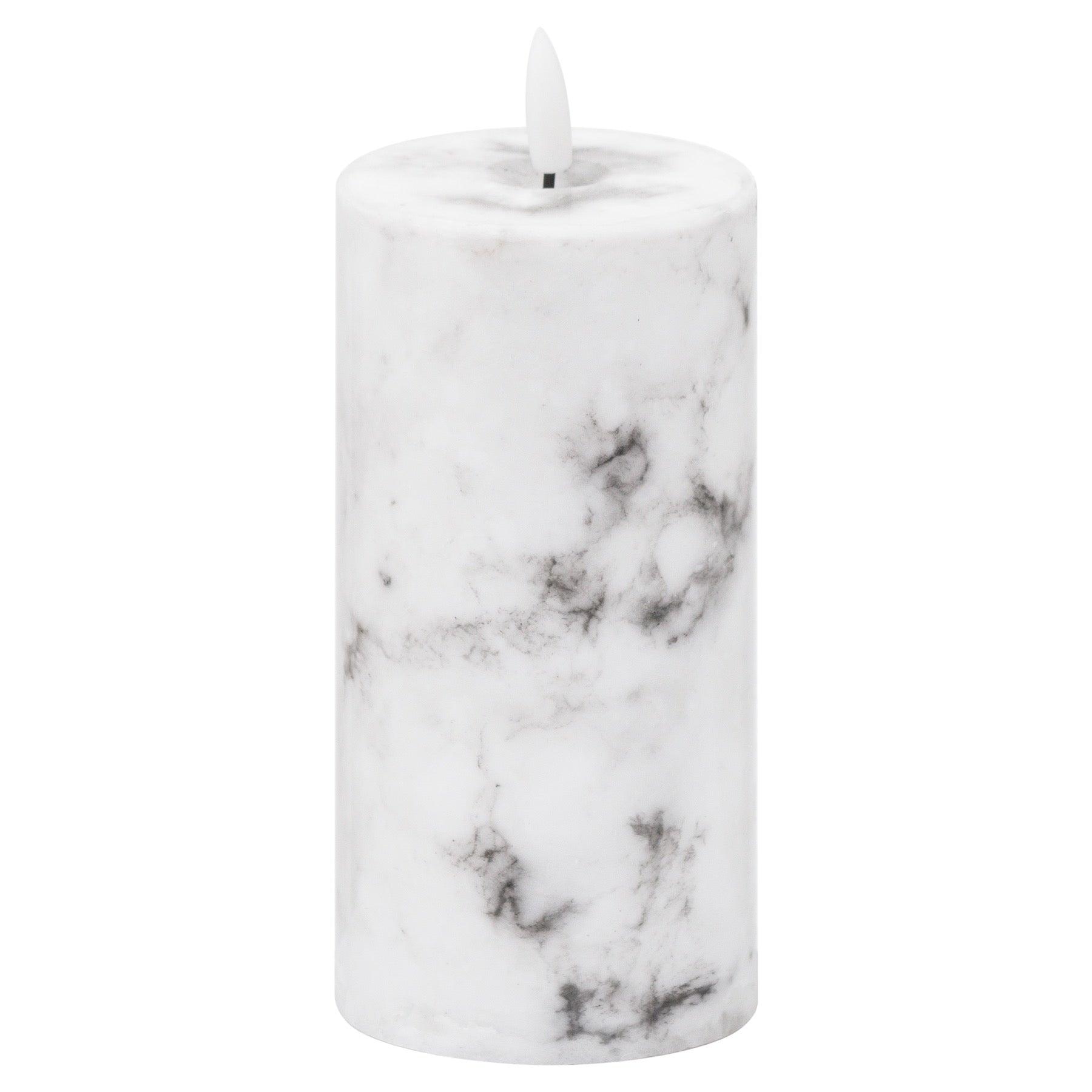 White LED candle with a marble effect, featuring a realistic wax exterior and amber flame for a sophisticated ambiance.