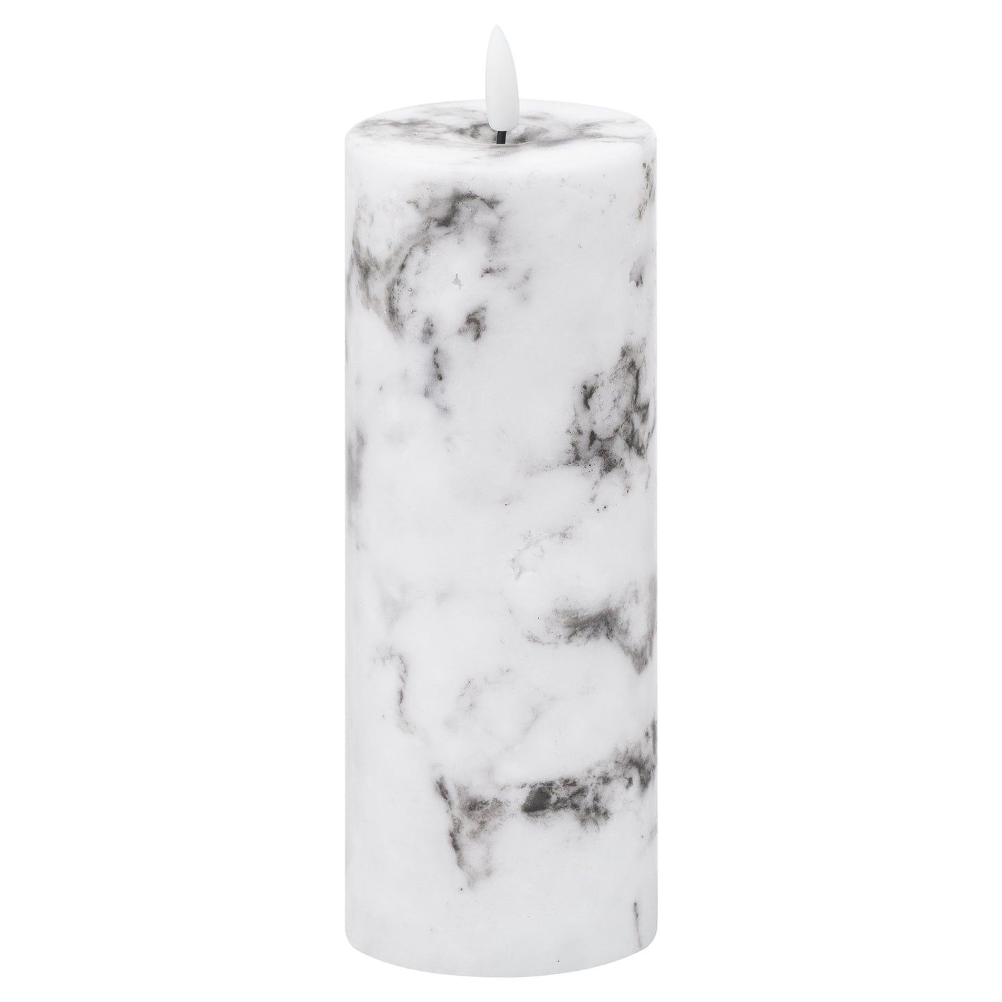 Elegant white LED candle with a marble effect, featuring unique patterns and a flickering amber flame for a cozy ambiance.