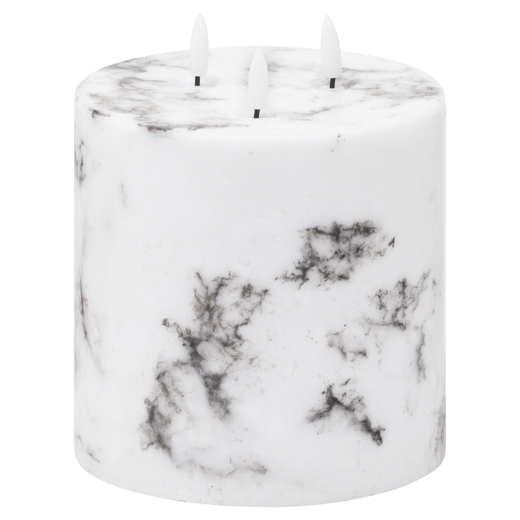 White marble-effect LED candle with three realistic amber flames, enhancing ambiance with sophistication and safety.