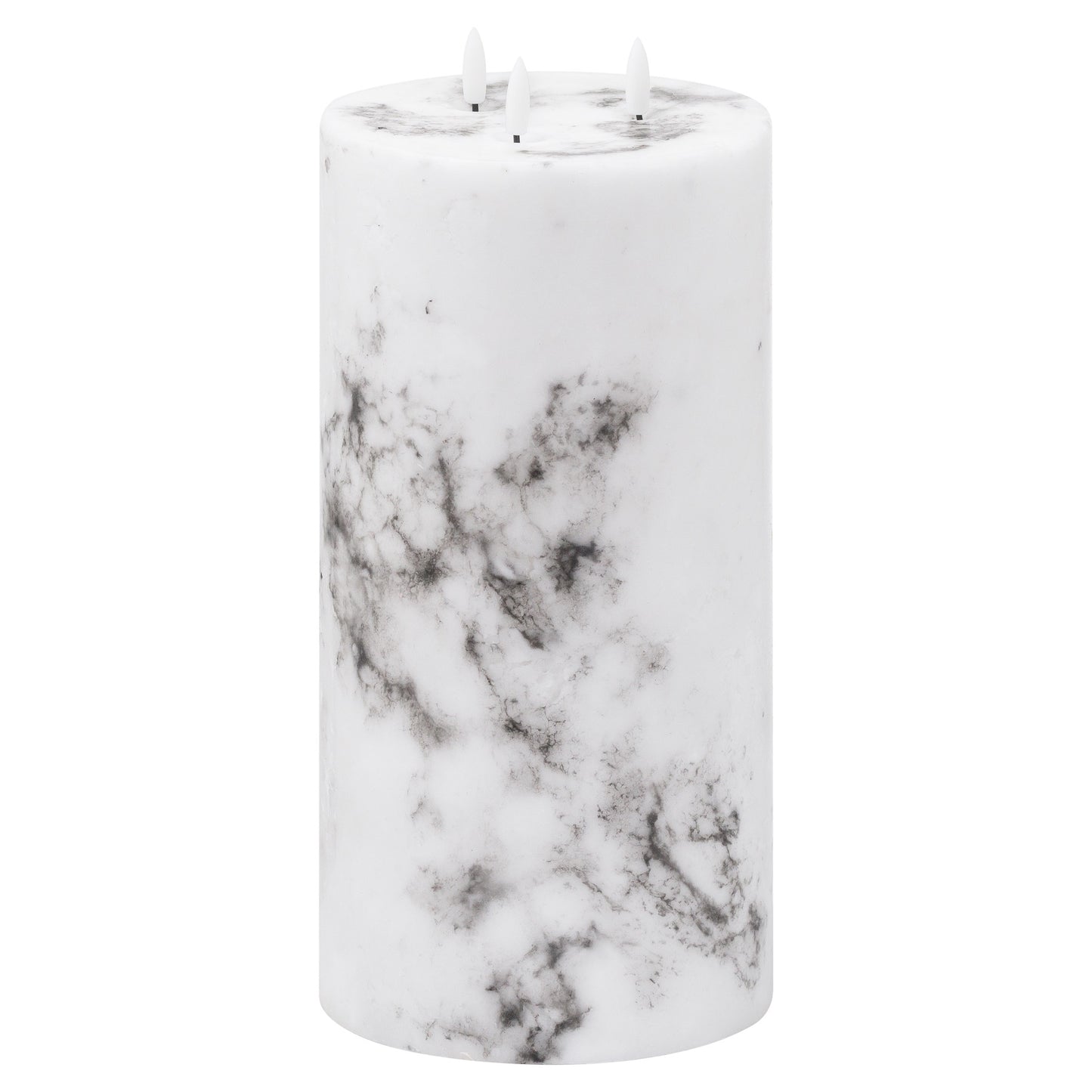 White LED candle with a marble effect, featuring a warm amber glow, perfect for creating a sophisticated ambiance.