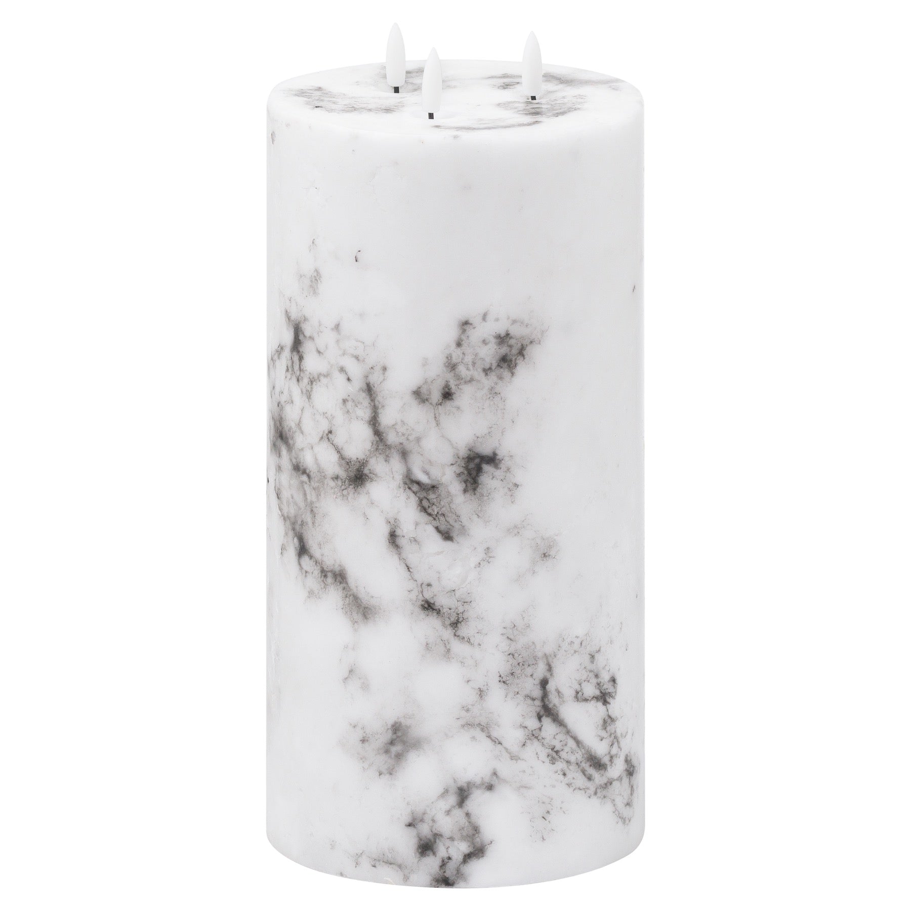 White LED candle with a marble effect, featuring a warm amber glow, perfect for creating a sophisticated ambiance.