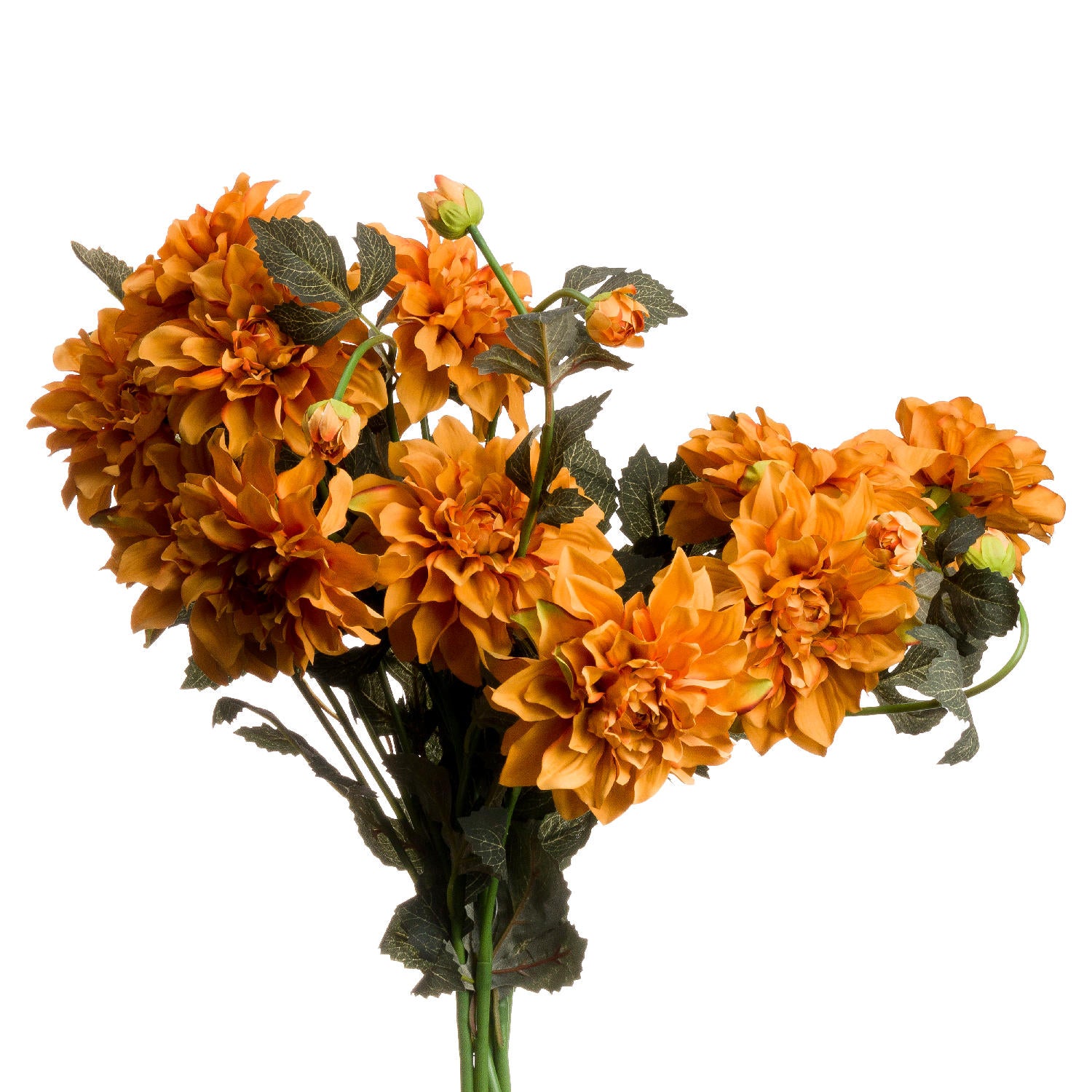 Vibrant orange dahlia spray with intricate petals and green foliage, perfect for autumn decor and elegant arrangements.