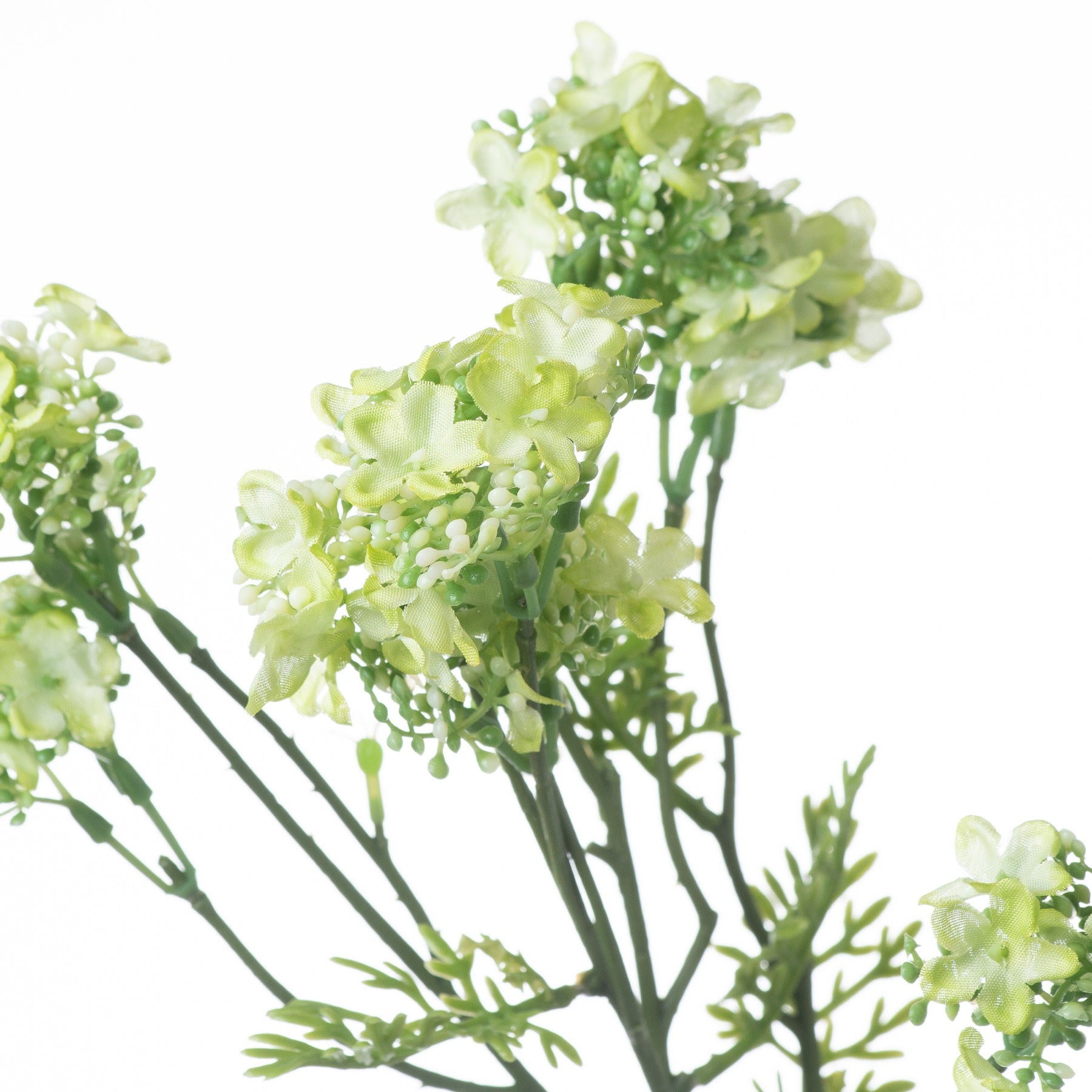 Lifelike green plum blossom spray with delicate flowers and vibrant green foliage, perfect for spring decor and arrangements.