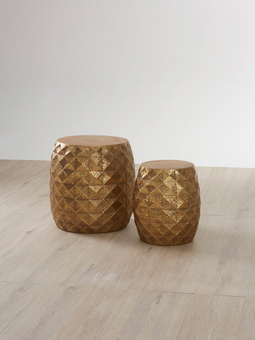 Cyrus Set of 2 Antique Gold Finish Textured Stools and Tables