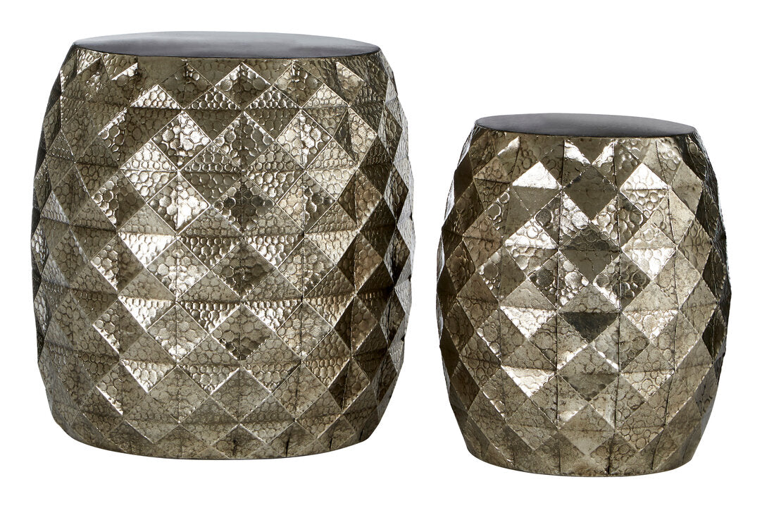 Cyrus Set of 2 Silver Finish Textured Stools and Tables