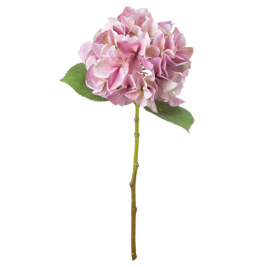 Single stem artificial hydrangea in soft pink hues, featuring realistic petal textures and green leaves, perfect for elegant decor.