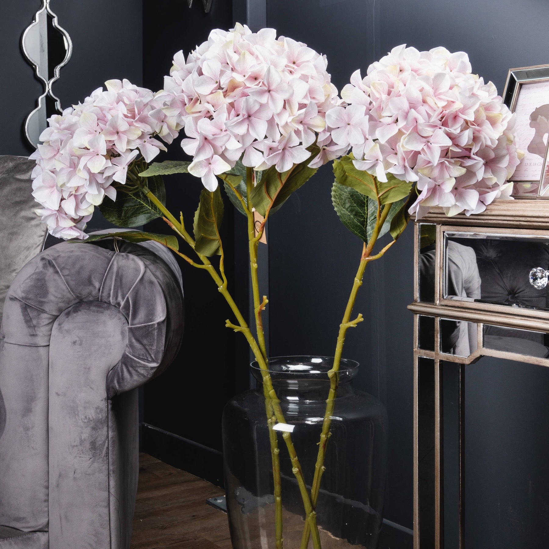 Stunning artificial pink hydrangea stems with intricate detailing, perfect for elegant home decor arrangements.
