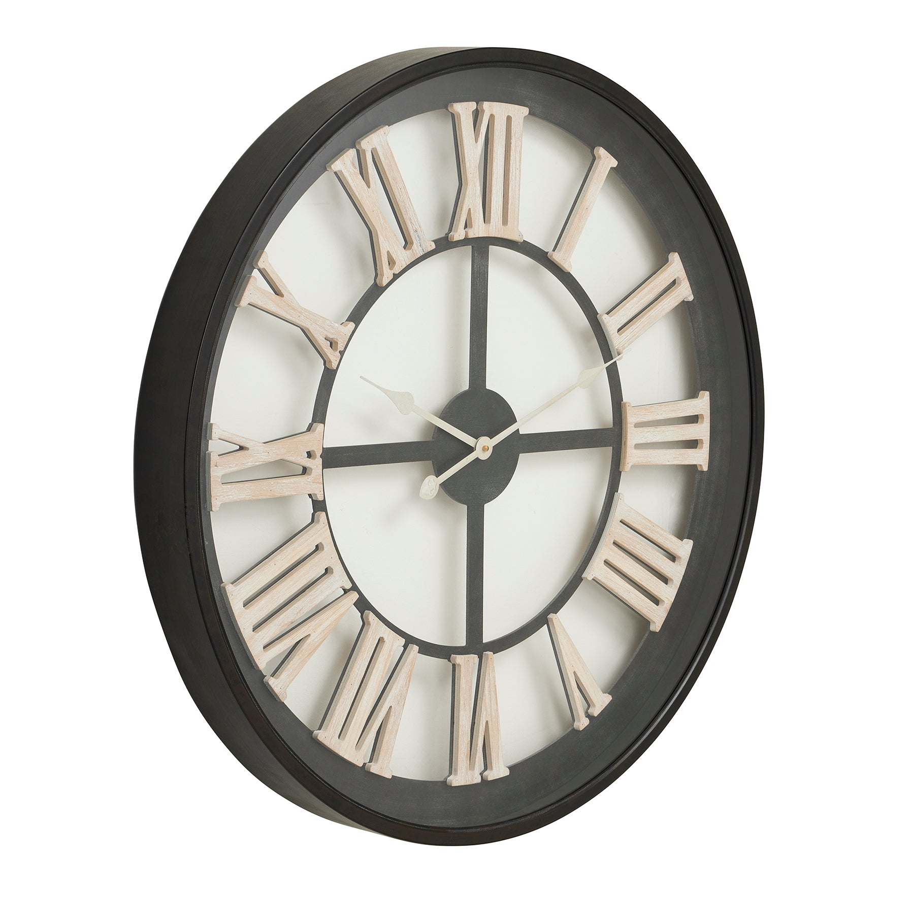 Black framed wall clock featuring white Roman numerals on an airy, open design; 80cm diameter for a striking focal point.