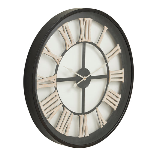 Black framed wall clock featuring white Roman numerals on an airy, open design; 80cm diameter for a striking focal point.