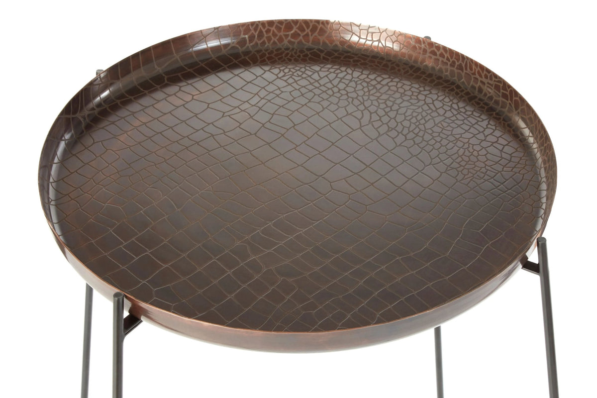 Sculptura Crocodile Texture Copper Finish and Black Round Side Table