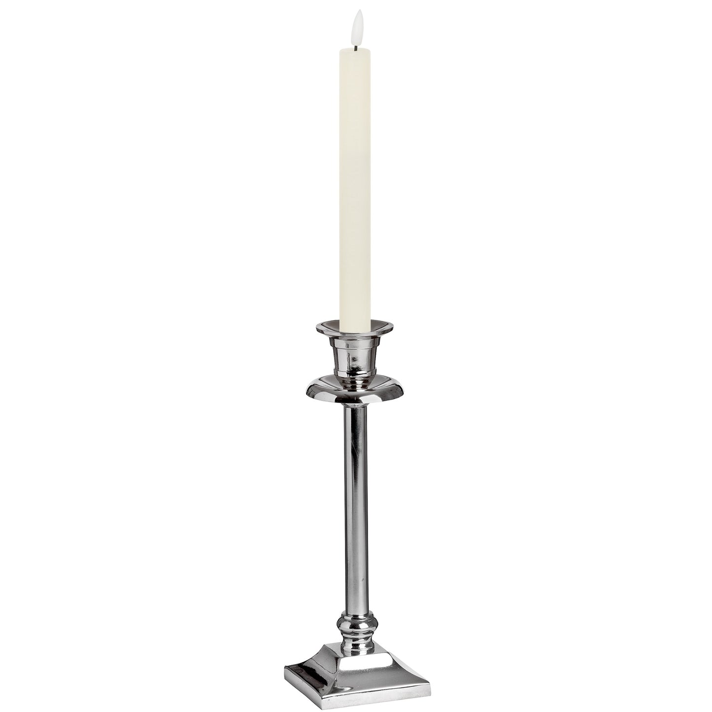 Ivory LED dinner candle in a sleek silver holder, delivering a warm glow for an elegant dining experience.