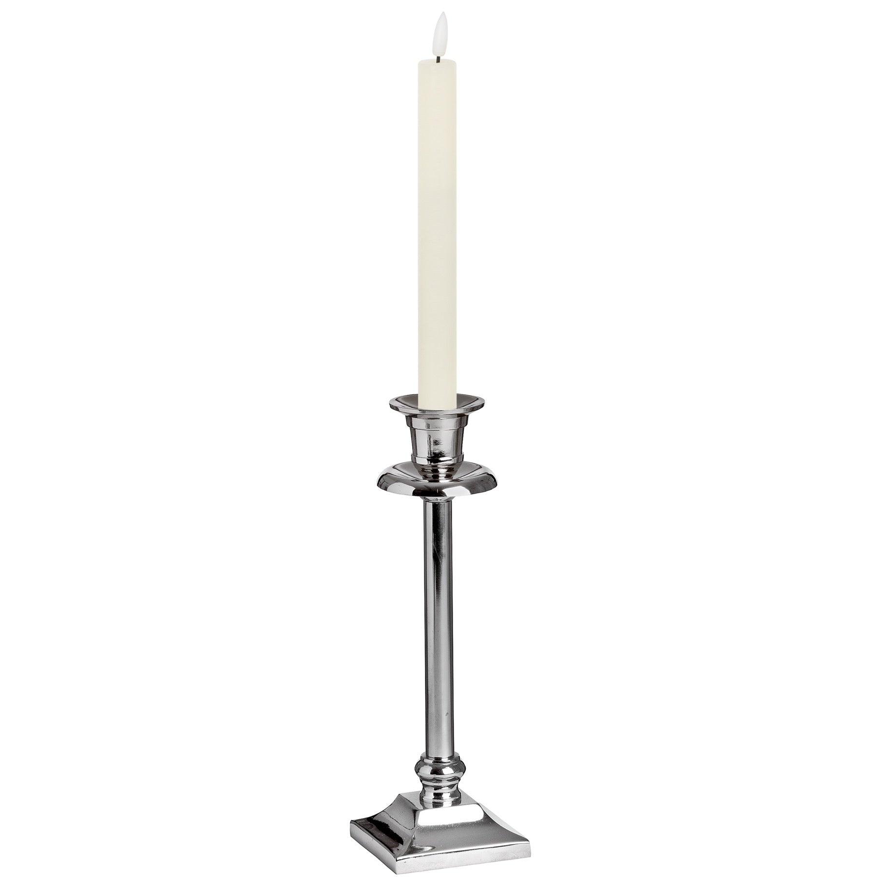 Ivory LED dinner candle in a sleek silver holder, delivering a warm glow for an elegant dining experience.