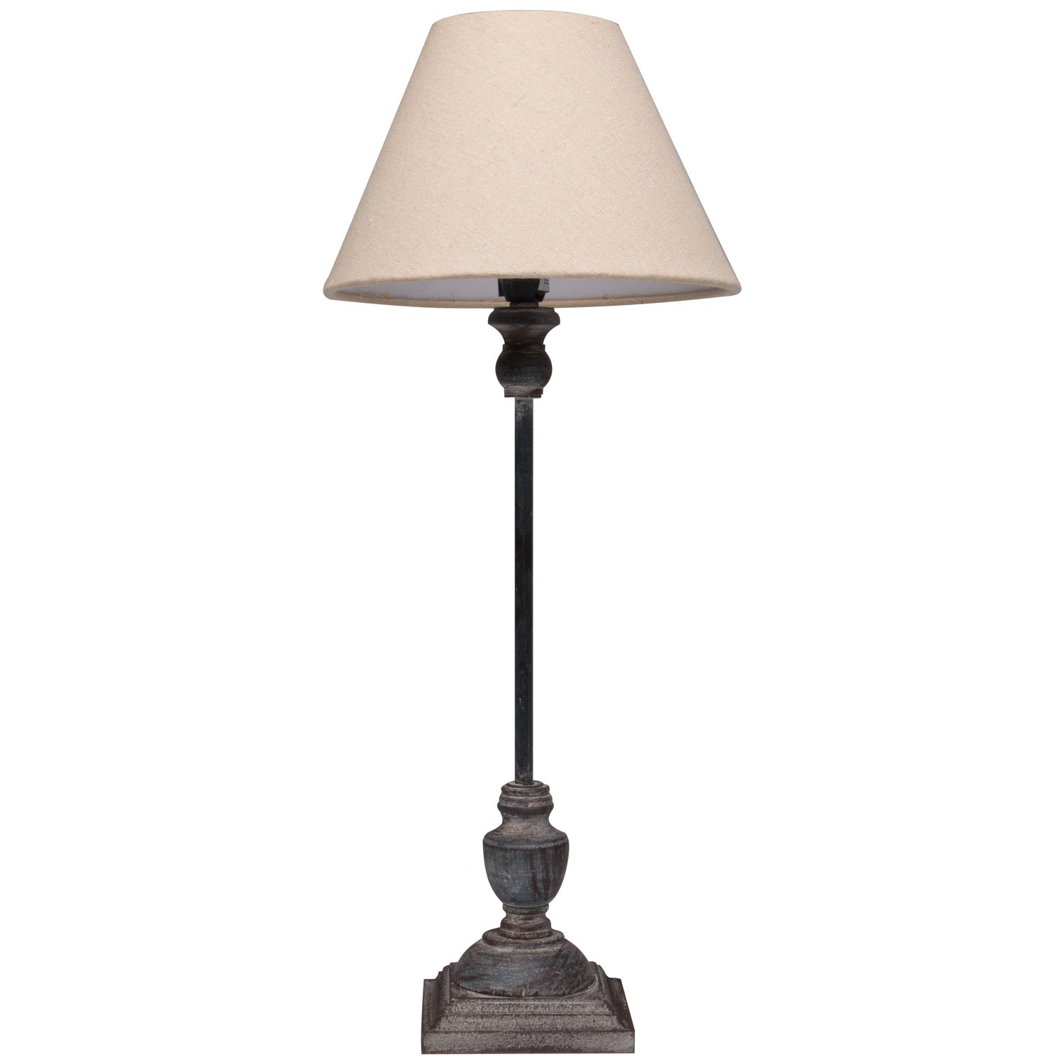 Sophisticated table lamp with a grey-washed wood base and a soft linen shade, perfect for minimalist and country-chic interiors.