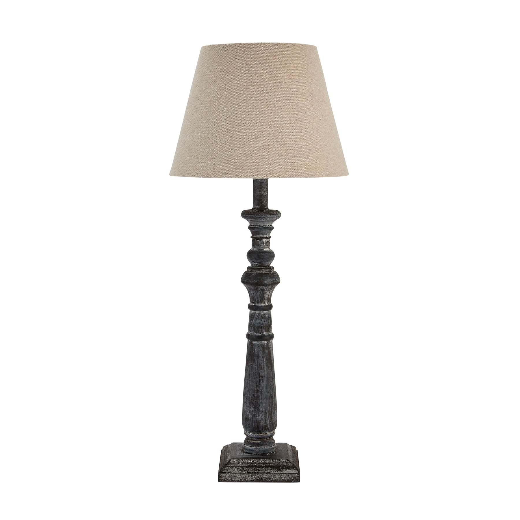 Grey-washed wood table lamp with an elegant, tapered natural linen shade, exuding timeless sophistication and warmth.
