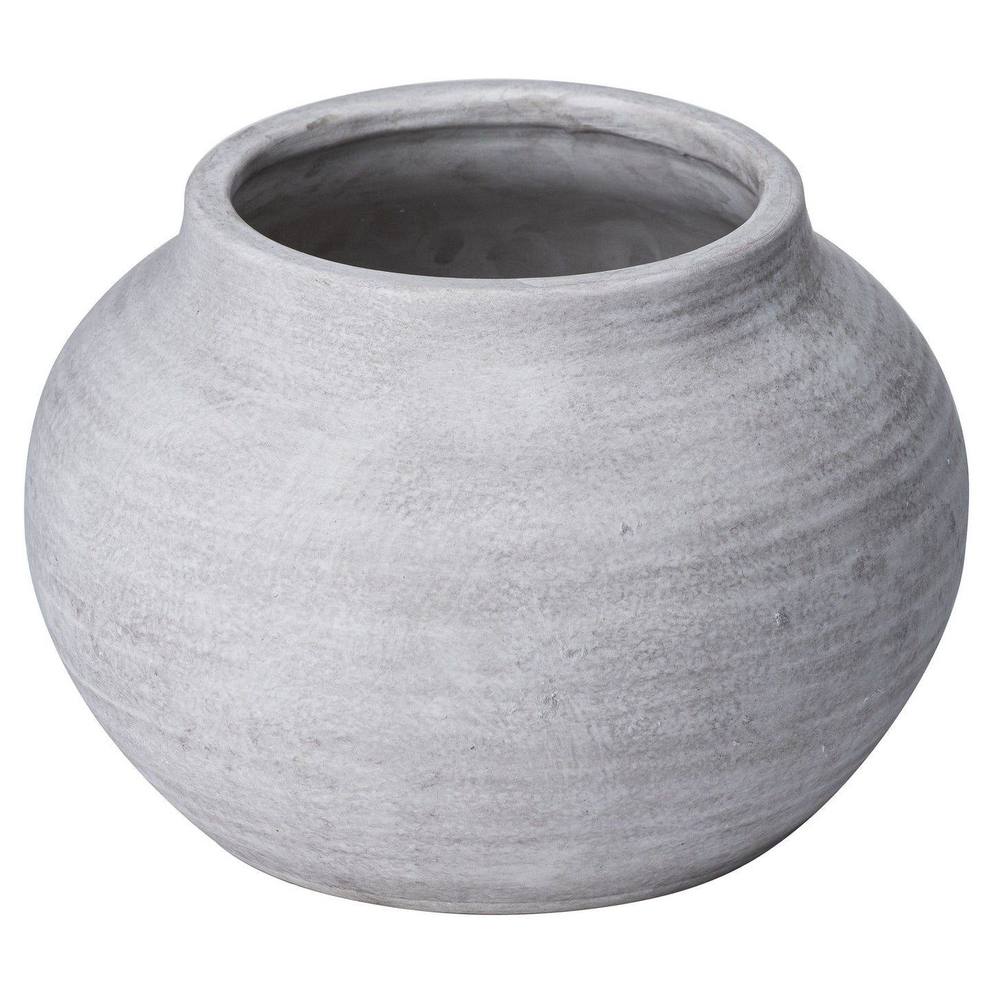 Sophisticated round planter in a naturally textured stone finish, blending traditional and contemporary styles in a neutral palette.