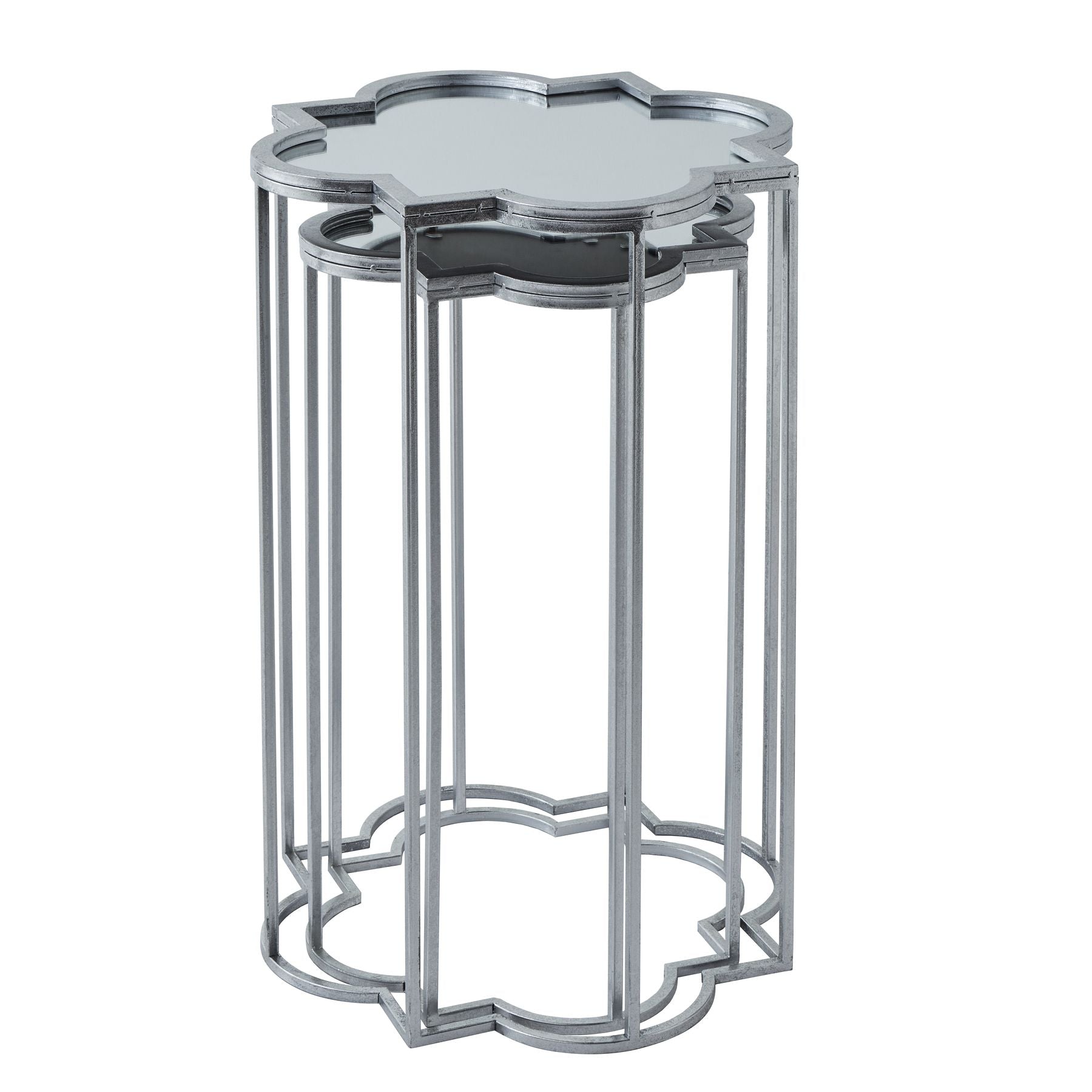 Set of two sleek, red side tables featuring elegant quarter foil mirrored tops and geometric design, perfect for modern spaces.