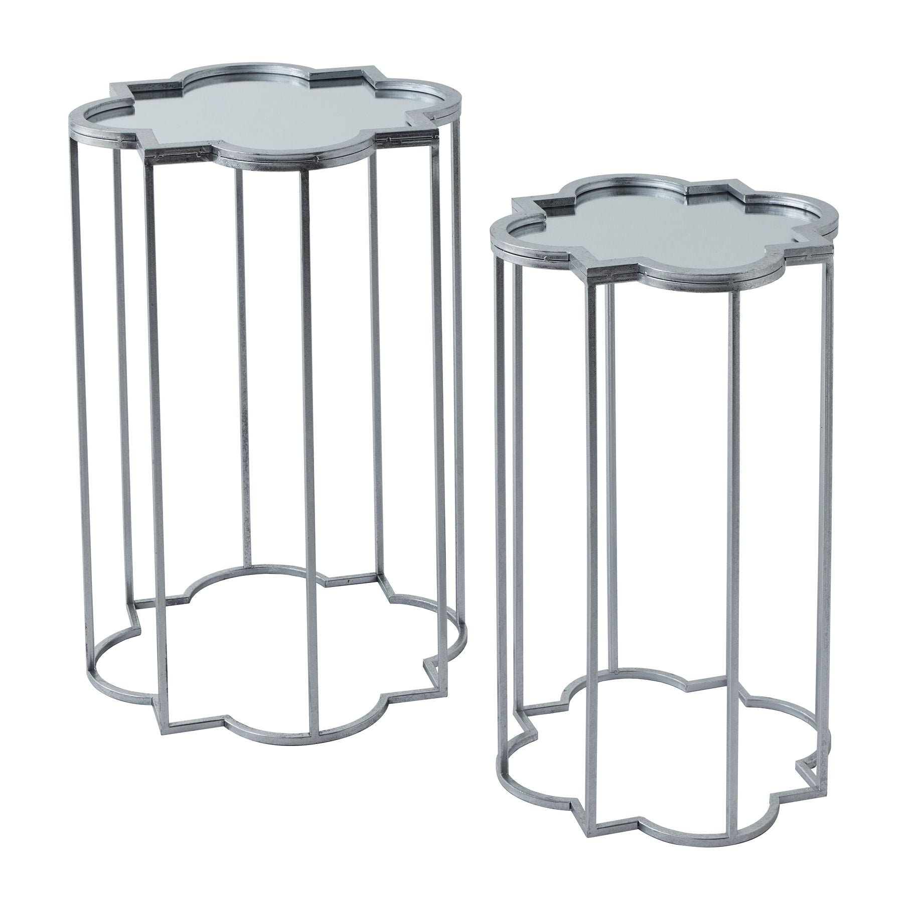 Set of two modern side tables featuring a sleek mirrored finish and elegant quarter foil design for a stylish accent in any room.