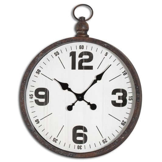 Aged bronze wall clock with a white dial, featuring bold black numbers and elegant hands, combines industrial charm with sophistication.