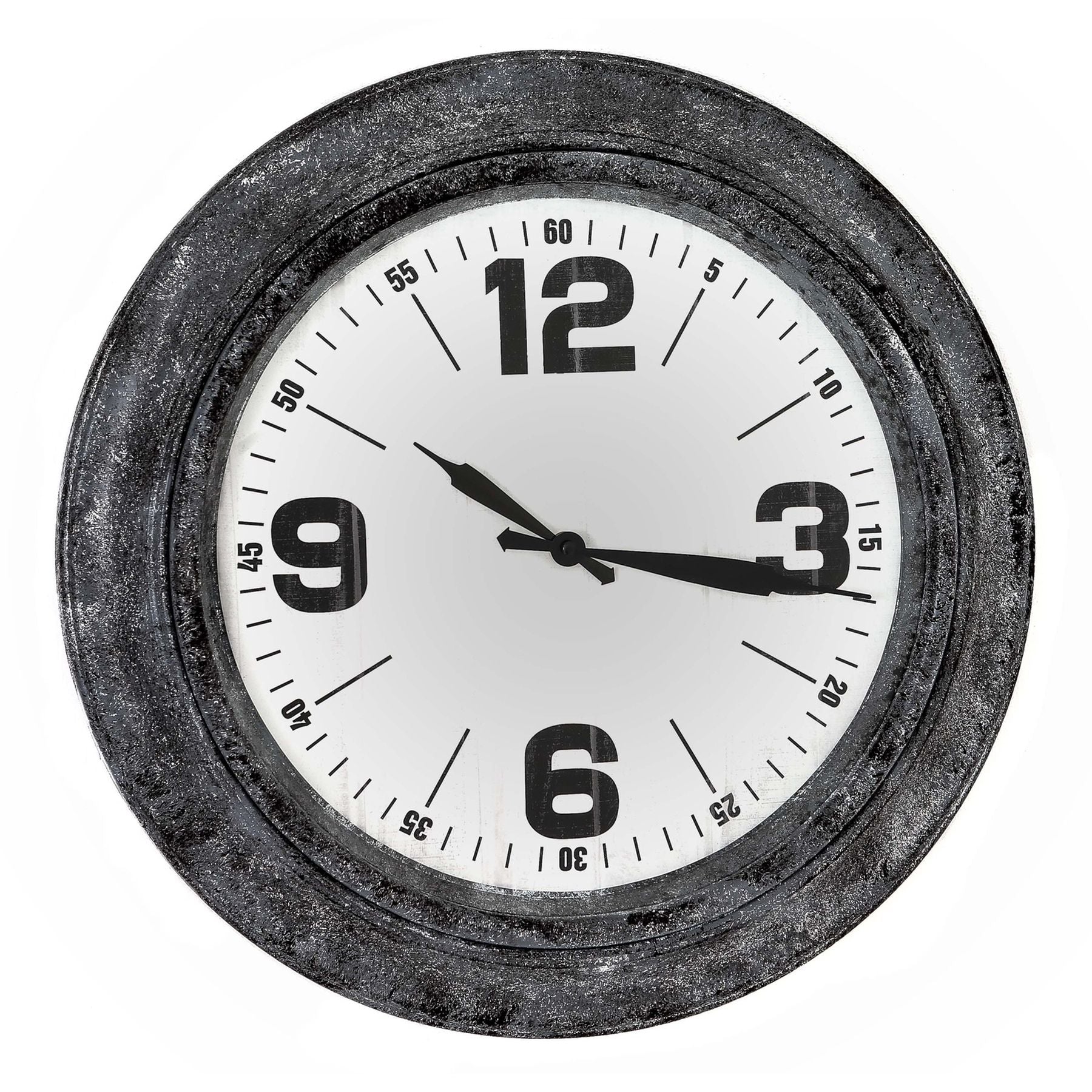 Weathered metal wall clock with bold black numerals and sleek hands on a white face, exuding industrial charm.