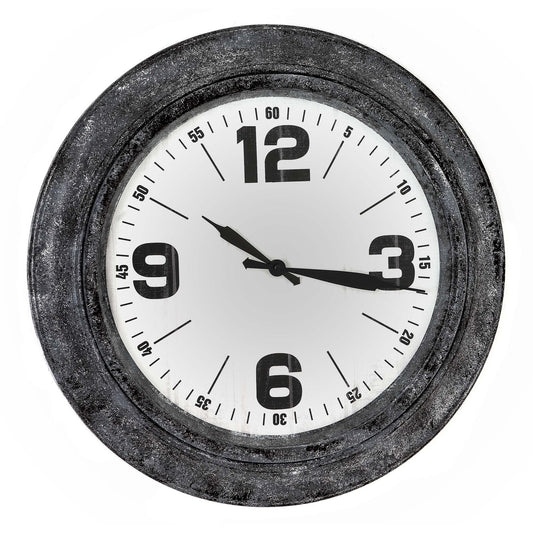Weathered metal wall clock with bold black numerals and sleek hands on a white face, exuding industrial charm.