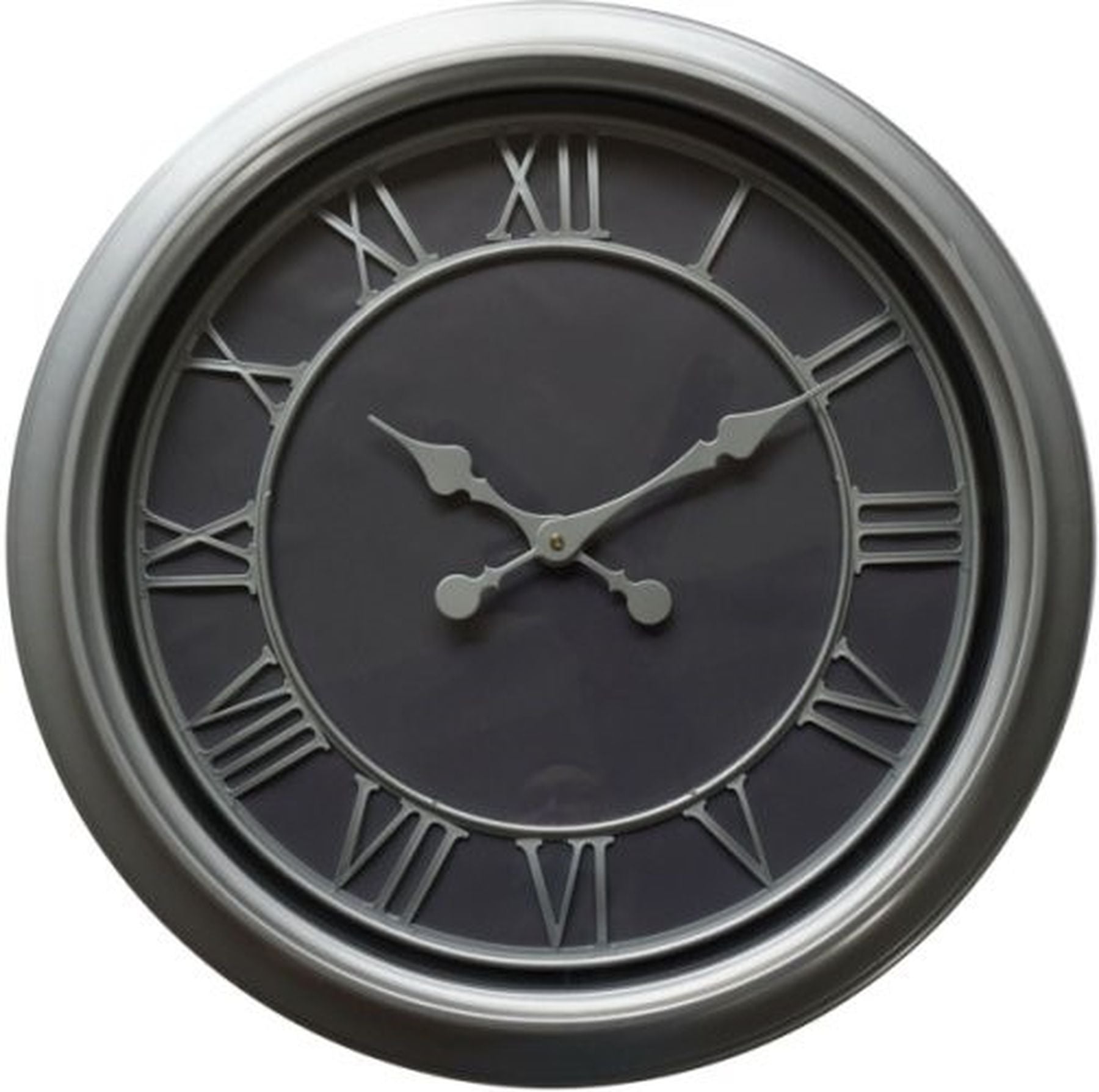 Sleek silver wall clock with a dark background, Roman numerals, and elegant hands, perfect for modern interiors.