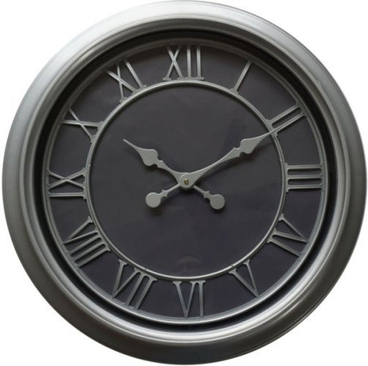Sleek silver wall clock with a dark background, Roman numerals, and elegant hands, perfect for modern interiors.