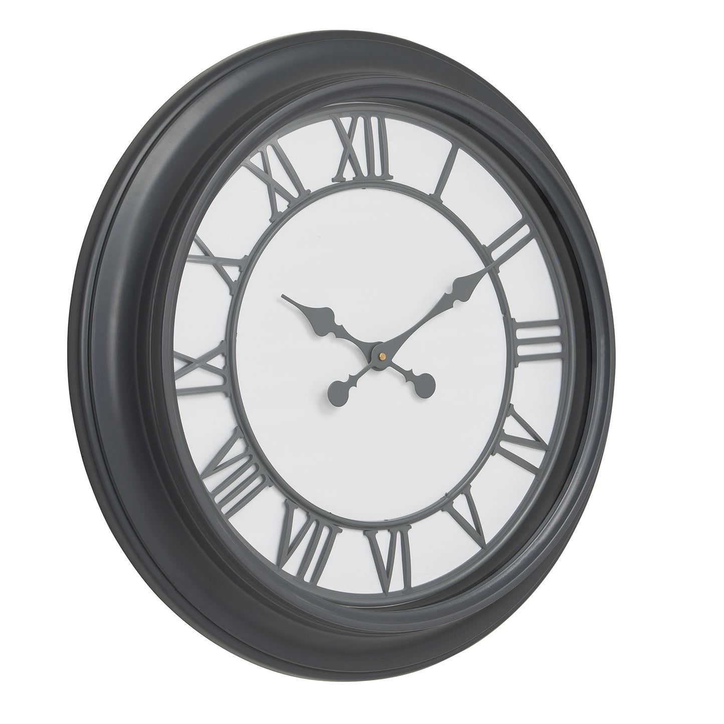 Black wall clock featuring a sleek, polished finish, Roman numerals, and elegant hour and minute hands for timeless sophistication.