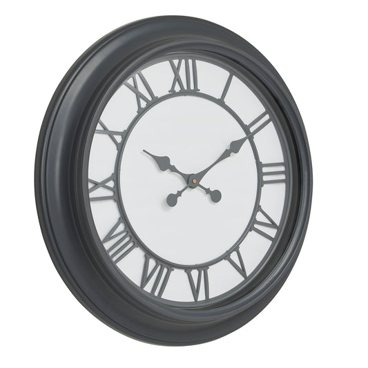Black wall clock featuring a sleek, polished finish, Roman numerals, and elegant hour and minute hands for timeless sophistication.