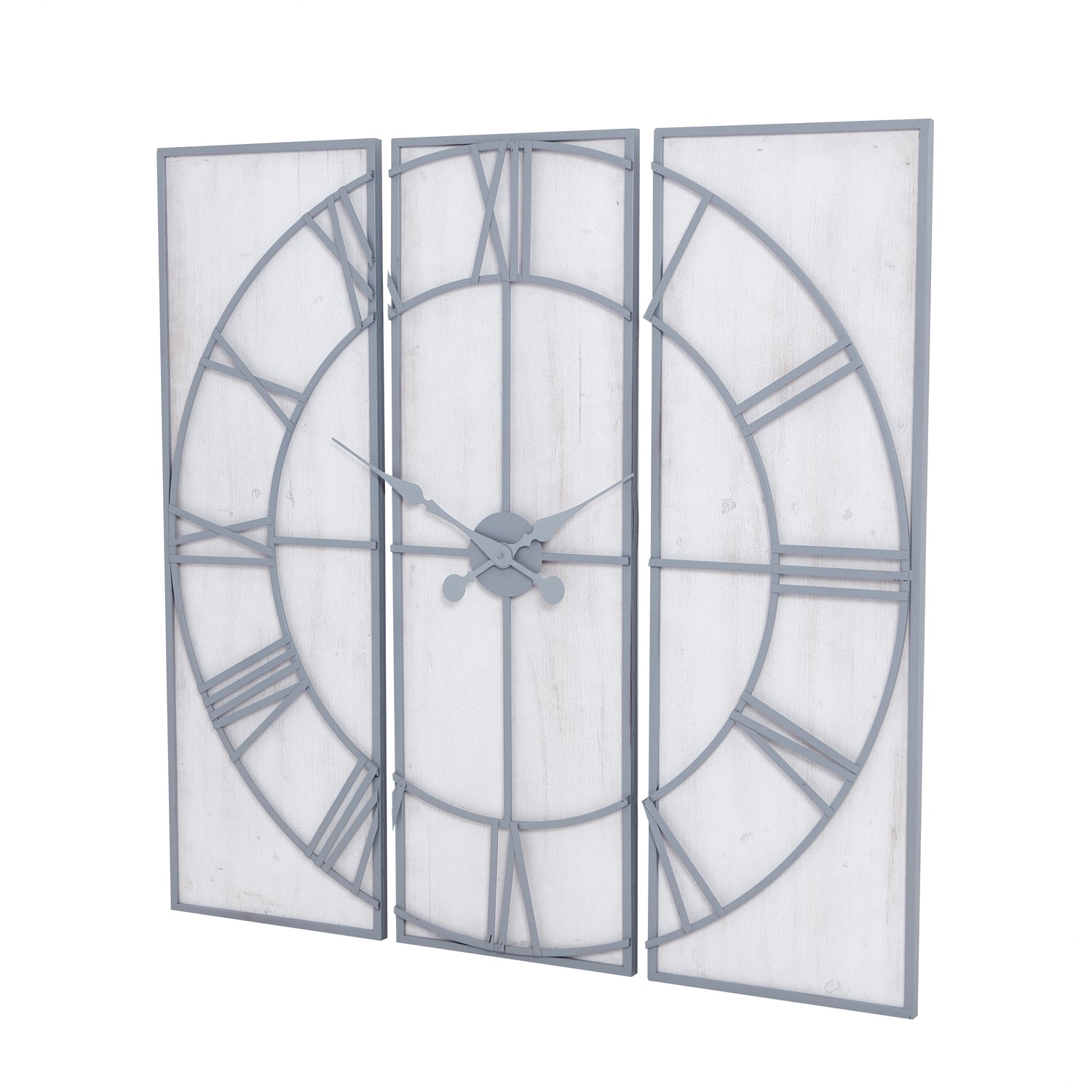 Multi-paneled wall clock with a sleek gray metal frame, white background, and bold Roman numerals, measuring 60cm in diameter.