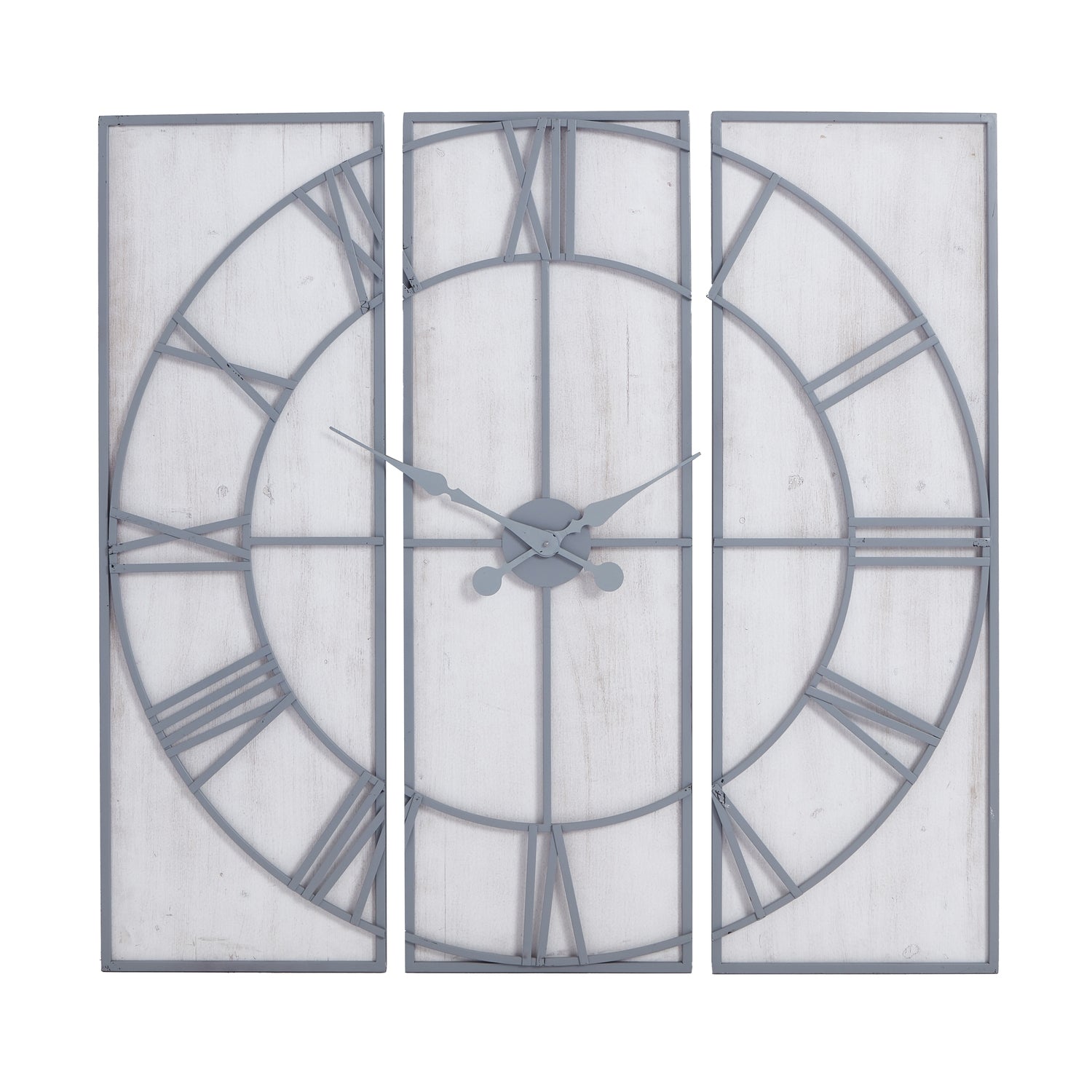 Multi-paneled wall clock featuring a sleek gray metal frame and white distressed background, measuring 60cm in diameter for bold visibility.