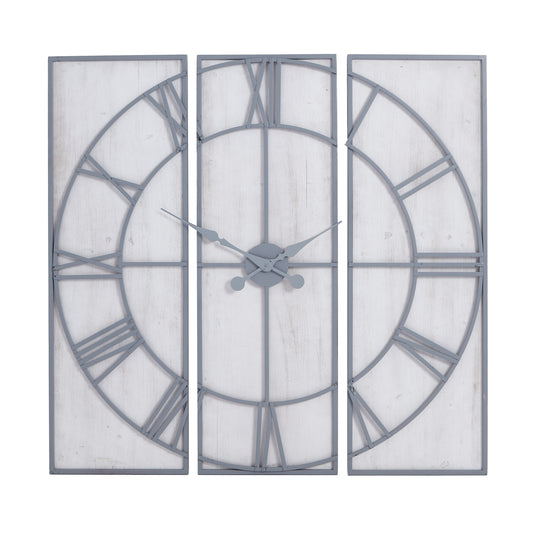 Multi-paneled wall clock featuring a sleek gray metal frame and white distressed background, measuring 60cm in diameter for bold visibility.