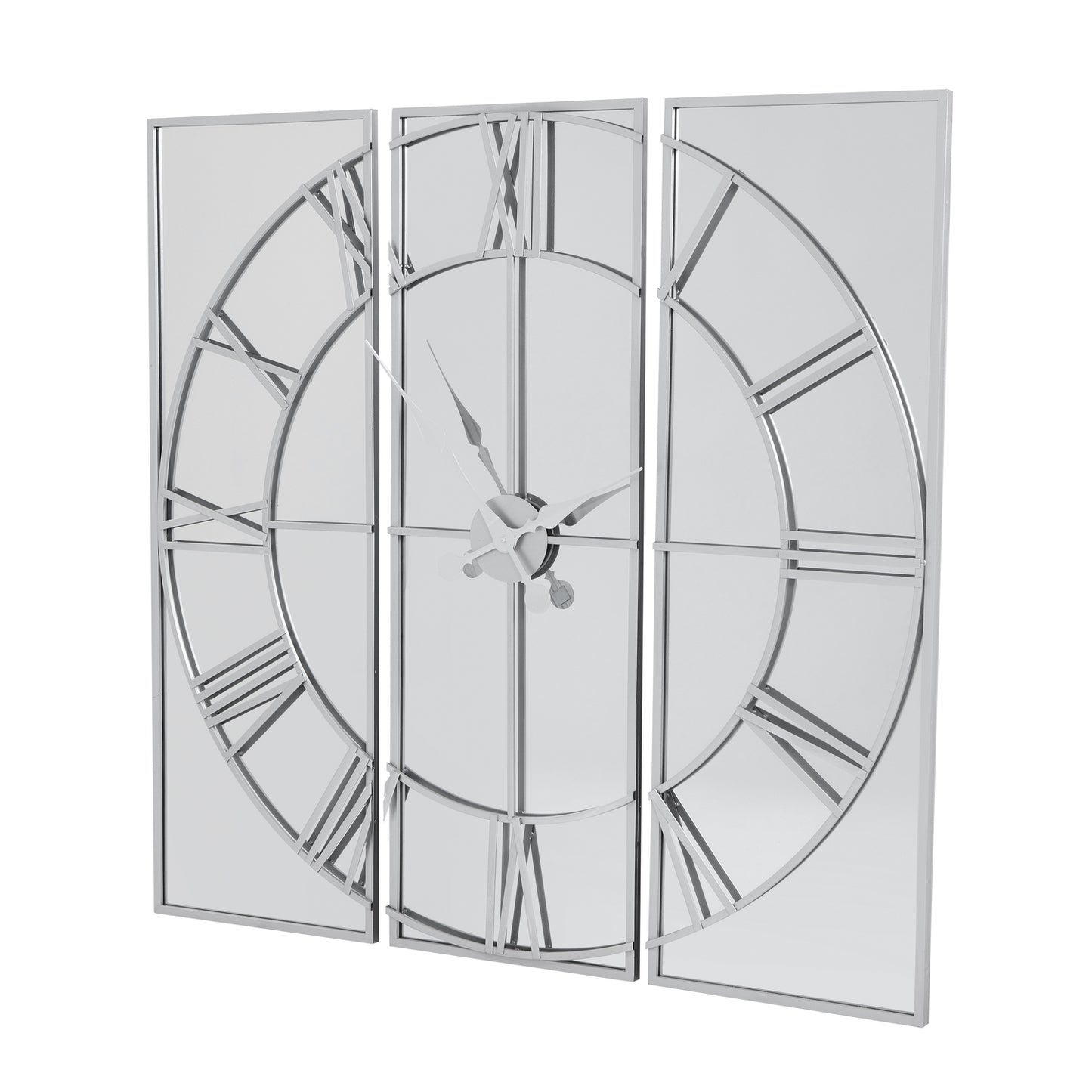 Sophisticated mirrored wall clock with a three-panel design and sleek metalwork, reflecting light for a spacious feel.
