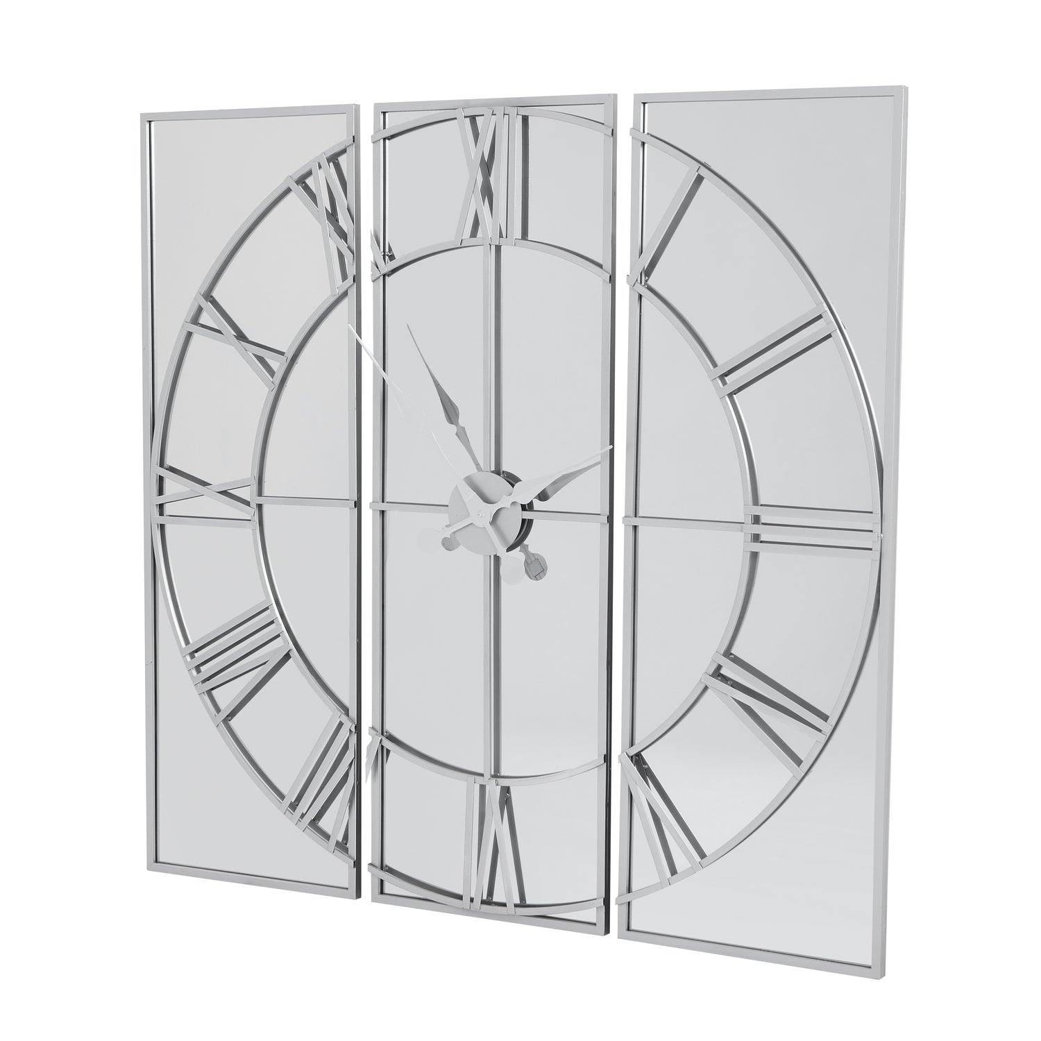 Sophisticated mirrored wall clock with a three-panel design and sleek metalwork, reflecting light for a spacious feel.