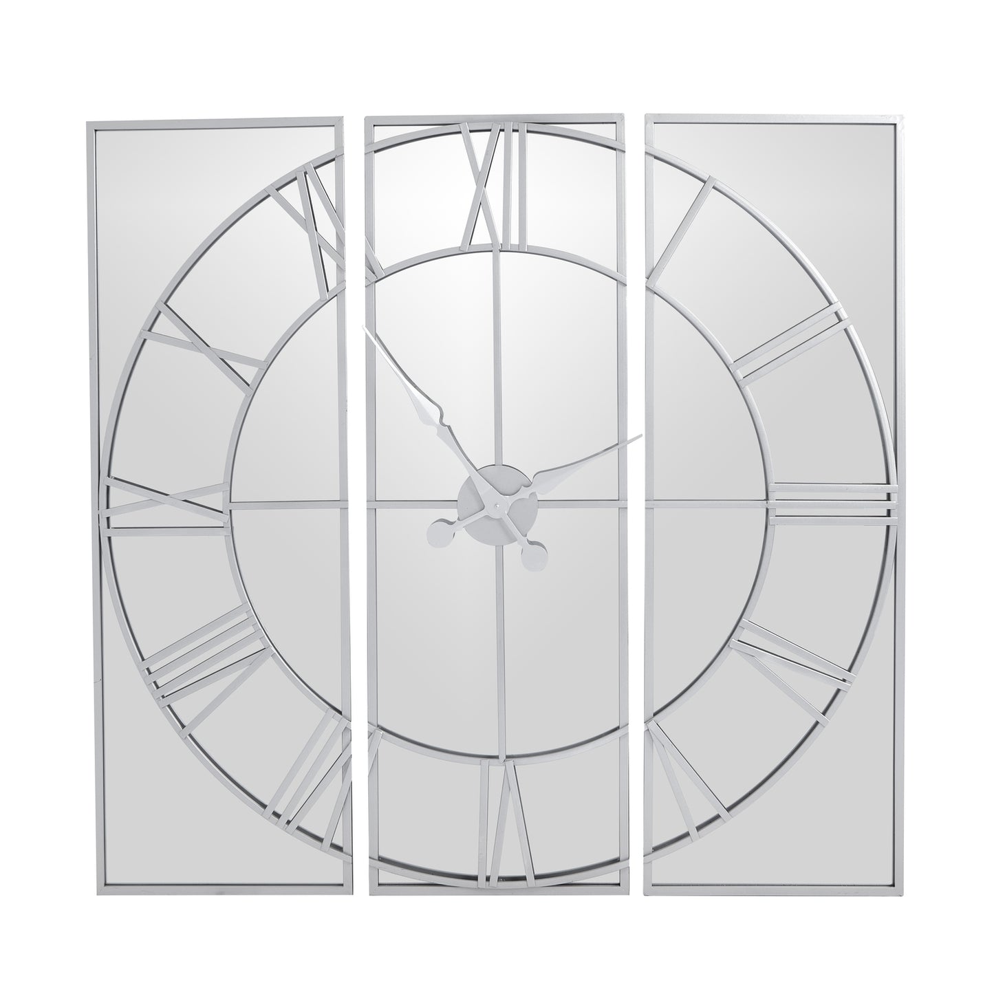 Sophisticated three-panel wall clock features a sleek mirrored finish and skeleton-style metalwork design, reflecting light beautifully.
