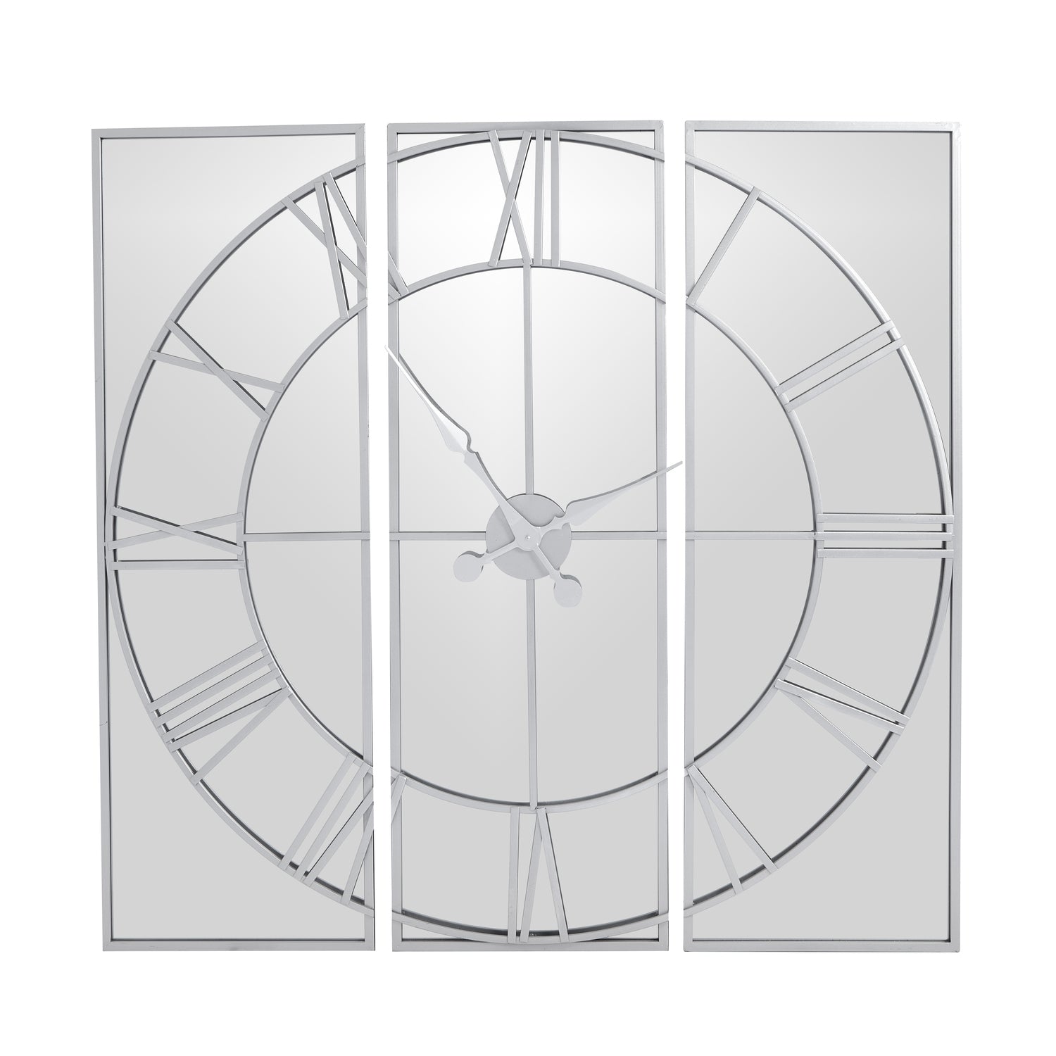 Sophisticated three-panel wall clock features a sleek mirrored finish and skeleton-style metalwork design, reflecting light beautifully.