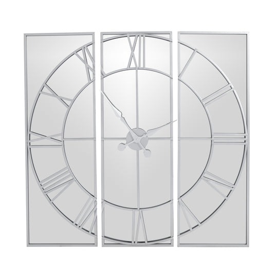 Sophisticated three-panel wall clock features a sleek mirrored finish and skeleton-style metalwork design, reflecting light beautifully.
